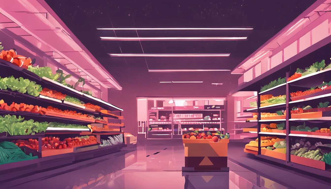 Inside the uninhabited mall，Lots of shelves，low perspective，There is a lot of vegetables growing on the ground