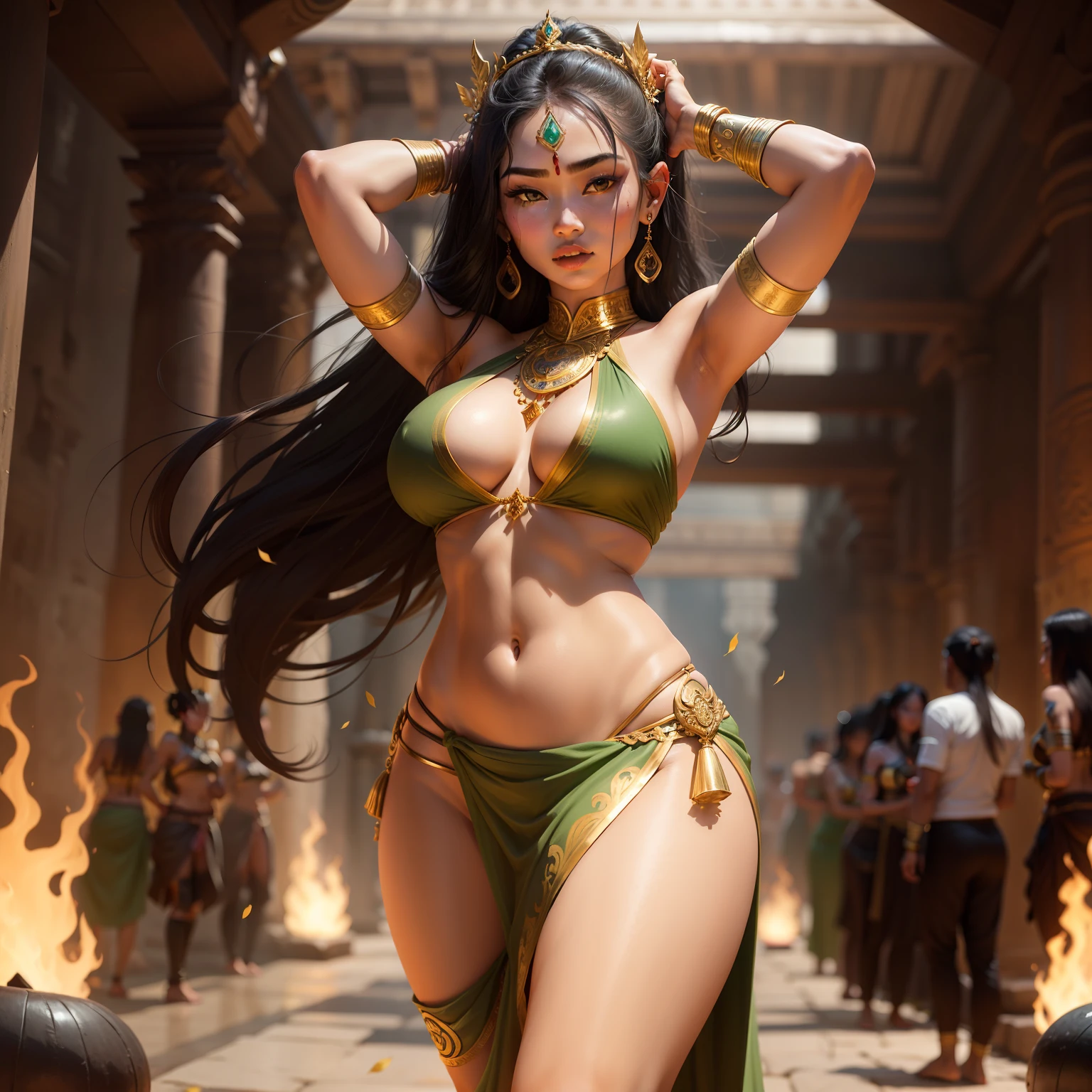 Female Khmer warrior, long black hair, dark brown tanned, Armour on, bangles, Angkor temple, full body, holding weapon, sexy tied hair up, crowd on the head, wearing jewelry, Sak yant tattoos on the arm, curvy body, wear green wrap sarong outfits, dark skinned, cute face, big lips, Diamond shape faces, wide nice nose, defined features on the face, apsara jewelry on, gold leaves jewelry, fighting at war