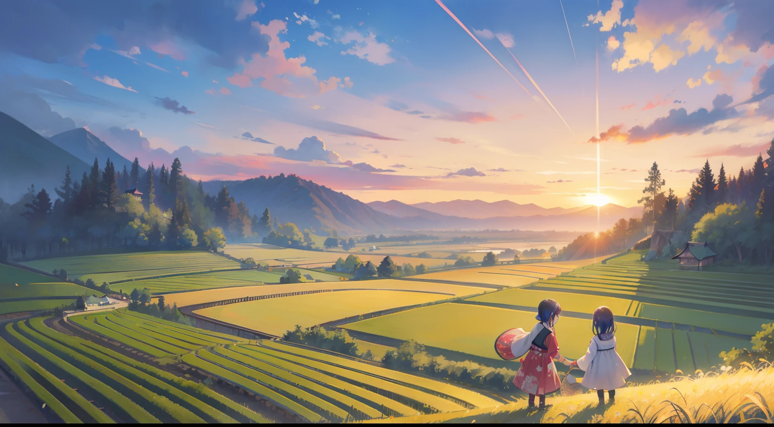 masutepiece, Fine detail, 4K, 8K, 12K, No human, countryside, countryside, Japan traditions, rice field,natta、Iridescent sky、natta、Sunset、Small people、bicycle