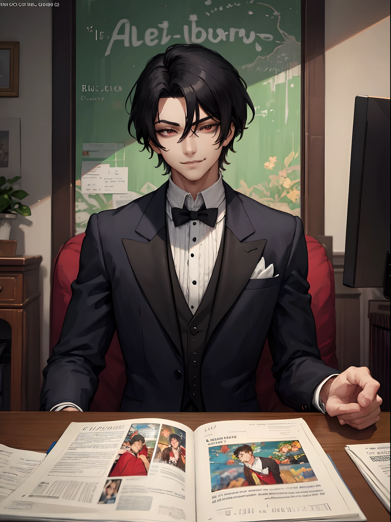tmasterpiece, beste-Qualit, 1boy, aristocrat, portraite of a, upper-body, tailcoat, hairlong, black hair, smirk, Sits, red pupils, bloods, comics