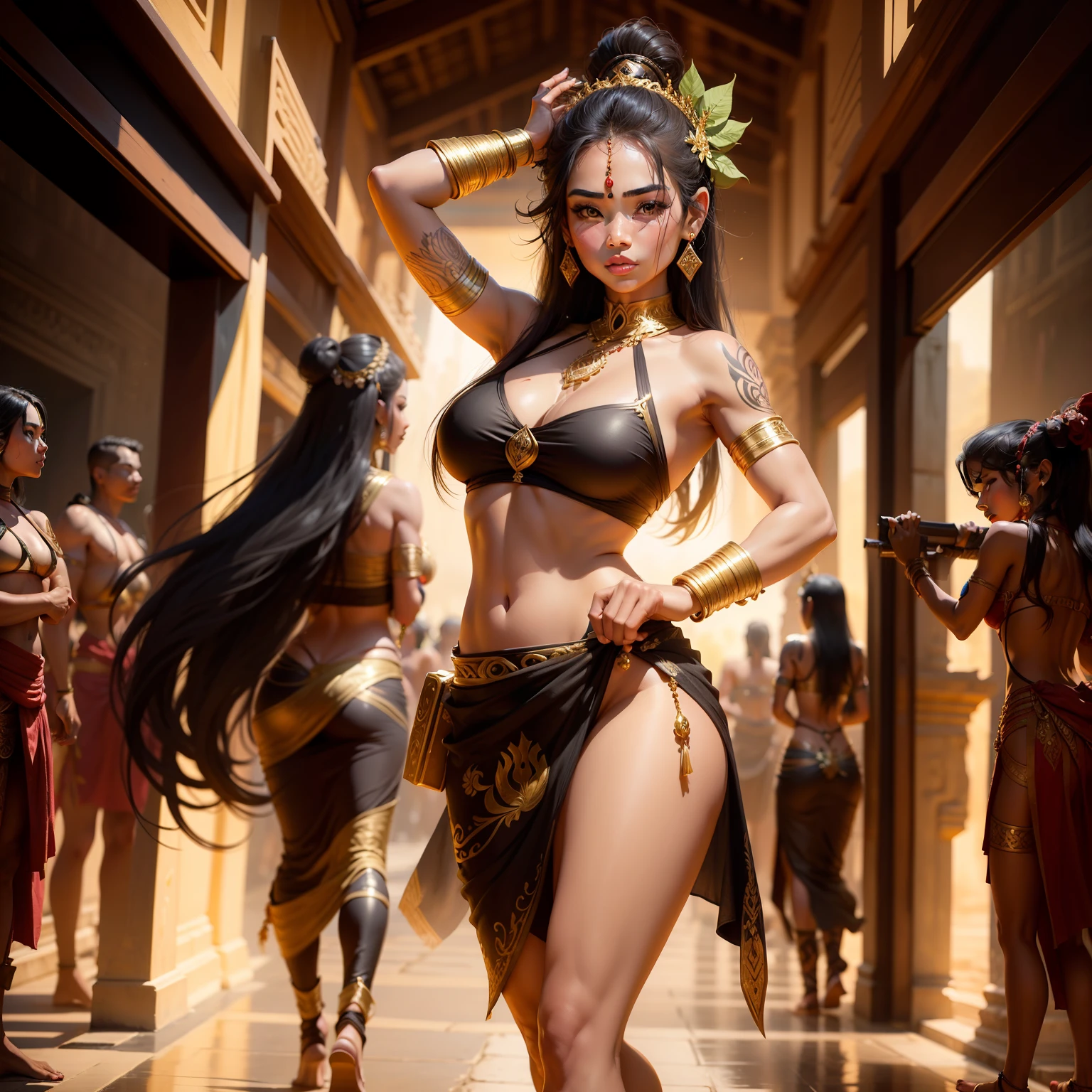 Female Khmer warrior, long black hair, dark brown tanned, Armour on, bangles, Angkor temple, full body, holding weapon, sexy tied hair up, crowd on the head, wearing jewelry, Sak yant tattoos on the arm, curvy body, wear green wrap sarong outfits, dark skinned, cute face, big lips, Diamond shape faces, wide nice nose, defined features on the face, apsara jewelry on, gold leaves jewelry, fighting at war