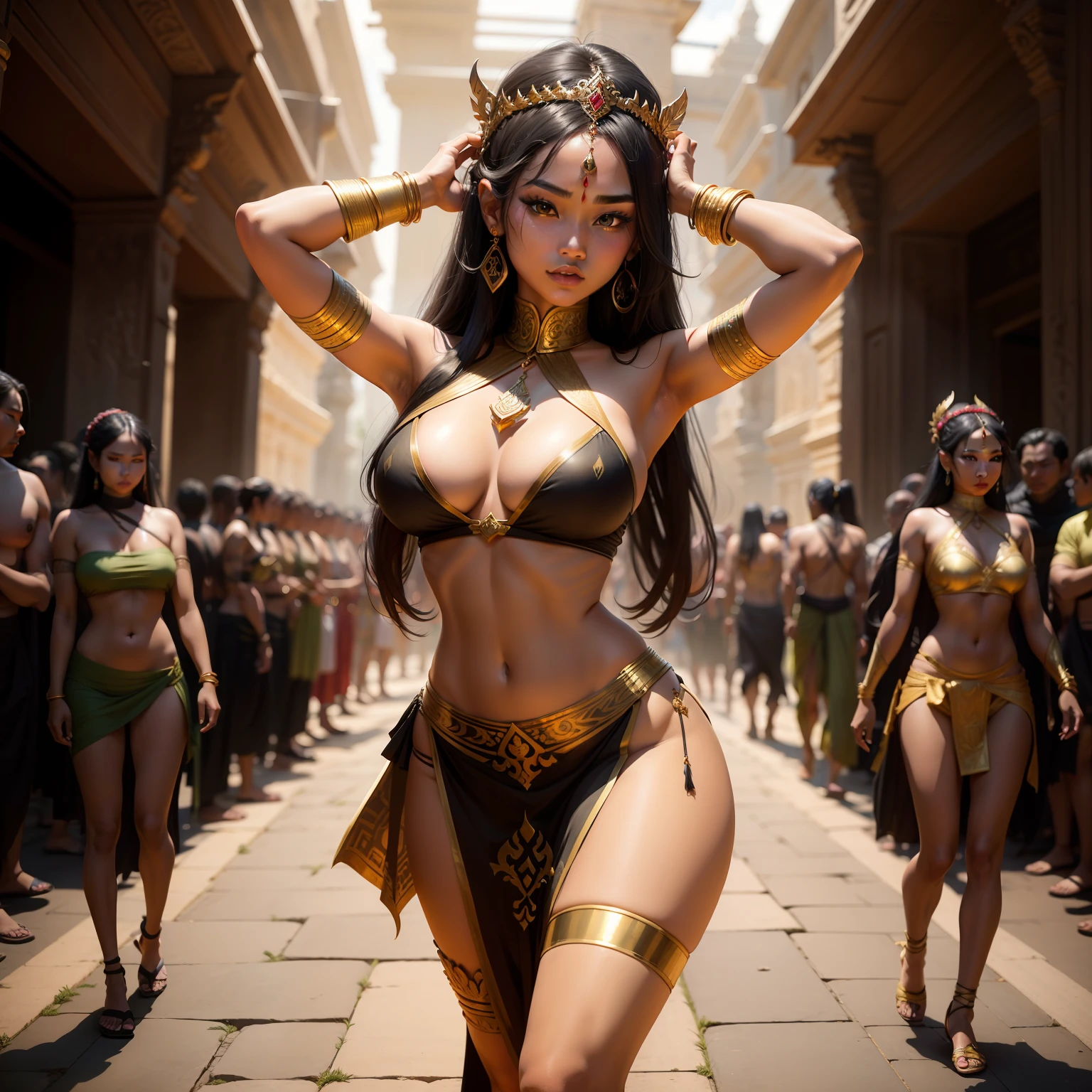 Female Khmer warrior, long black hair, dark brown tanned, Armour on, bangles, Angkor temple, full body, holding weapon, sexy tied hair up, crowd on the head, wearing jewelry, Sak yant tattoos on the arm, curvy body, wear green wrap sarong outfits, dark skinned, cute face, big lips, Diamond shape faces, wide nice nose, defined features on the face, apsara jewelry on, gold leaves jewelry, fighting at war