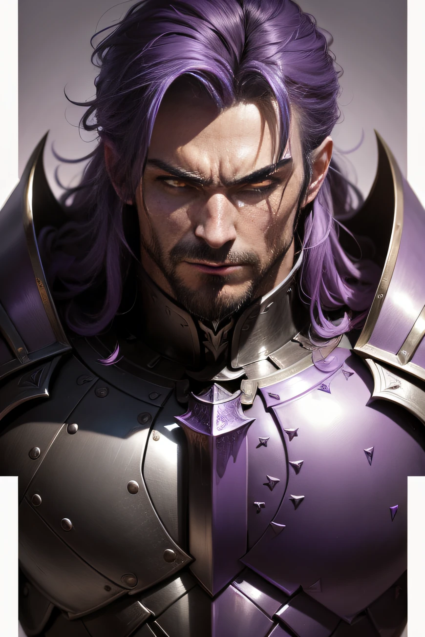 Close-up of a man in a purple knight costume,Muscular humanoid warrior,male people,Male knights,Symmetrical epic fantasy art,Evil Knight Lord,Epic threatening portraits,Dark purple warrior armor,human male,Knight armor,The knight exoskeleton covers the whole body, the detail,Better quality