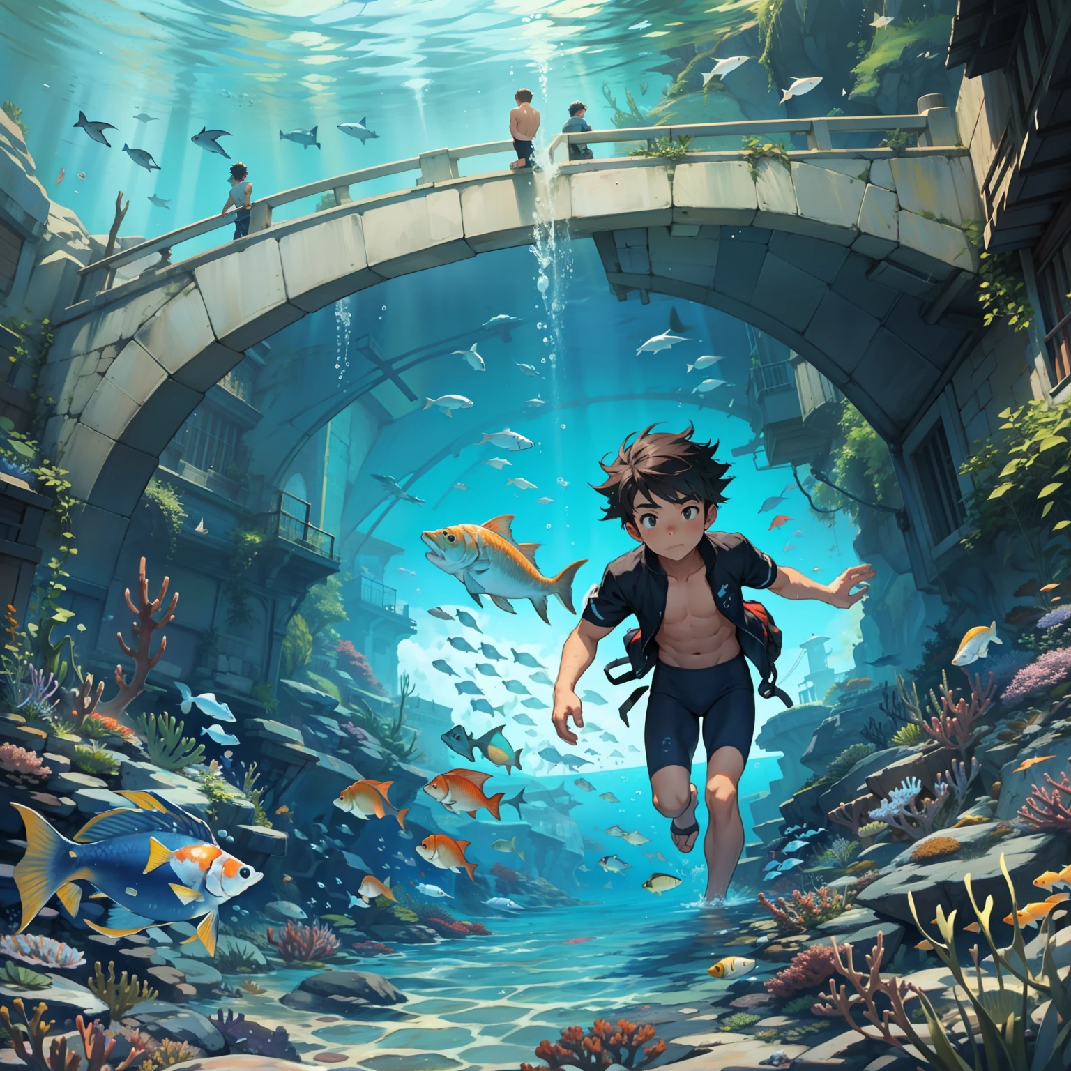 A boy at the bottom of the sea,Swim with small fish