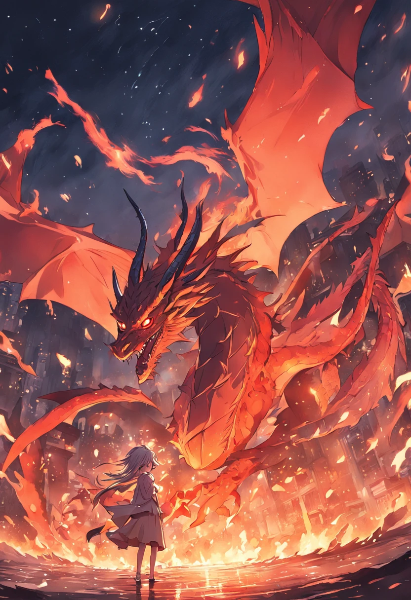 Dragon flying over burning town、large plumage、highcontrast、Girl is looking at the sky、Red Full Moon、splash water