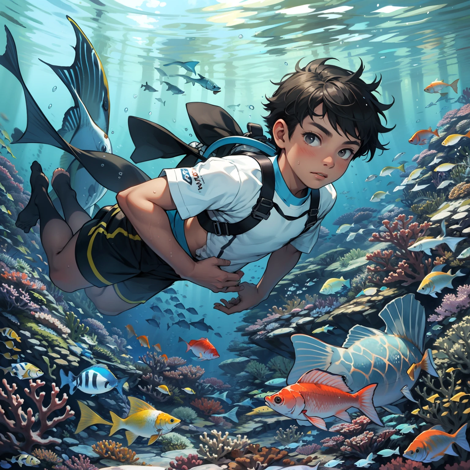 Two boys swimming together,Spring water,Raised sexy,Small fish