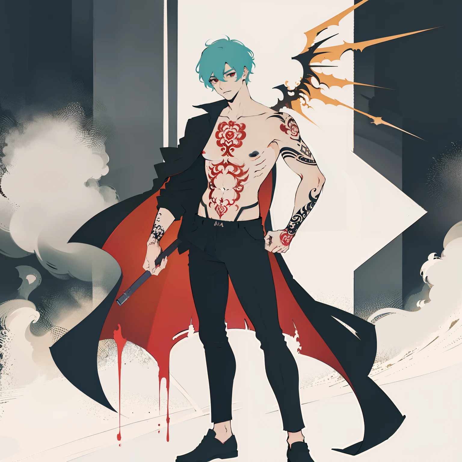 Gang of man, full body tattoo, bare body, standing
