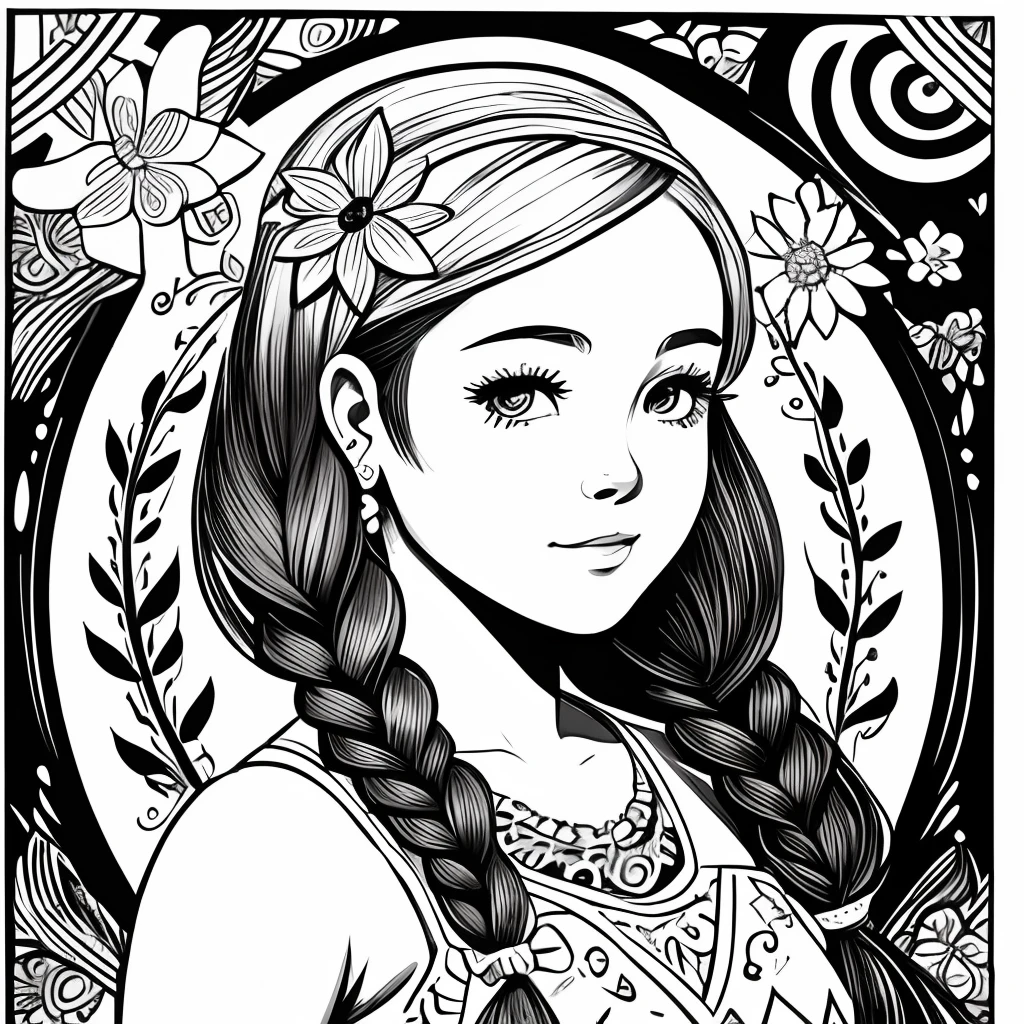 Black and white stick figure 1 girl with forget me knot flowers in background, loli in dress with flowers, its fine ink line art, comic style, portrait of polynesian girl, Marilyn Munroe, Hollywood glam, beautiful line art, black and white comic style, manga style, manga art style, pencil and ink caricature drawing, black and white coloring
