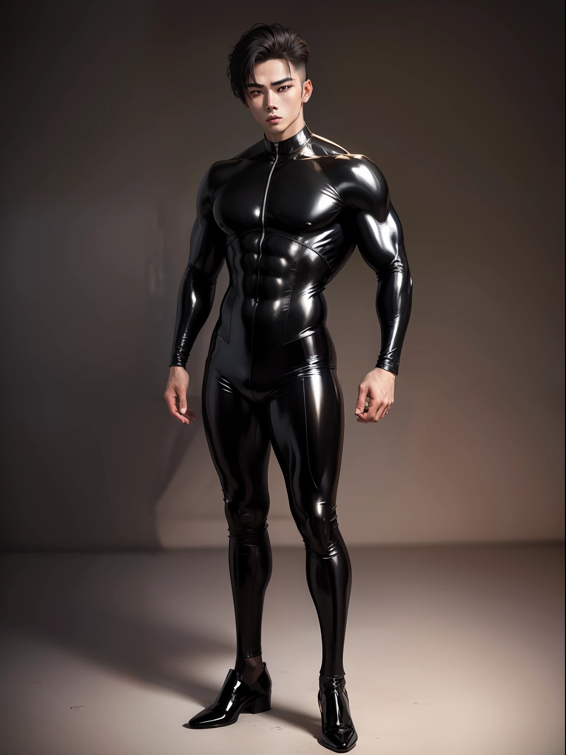 kpop,musculature,Shiny black suit 18 cm,Handsome,Full body photo,latex suit