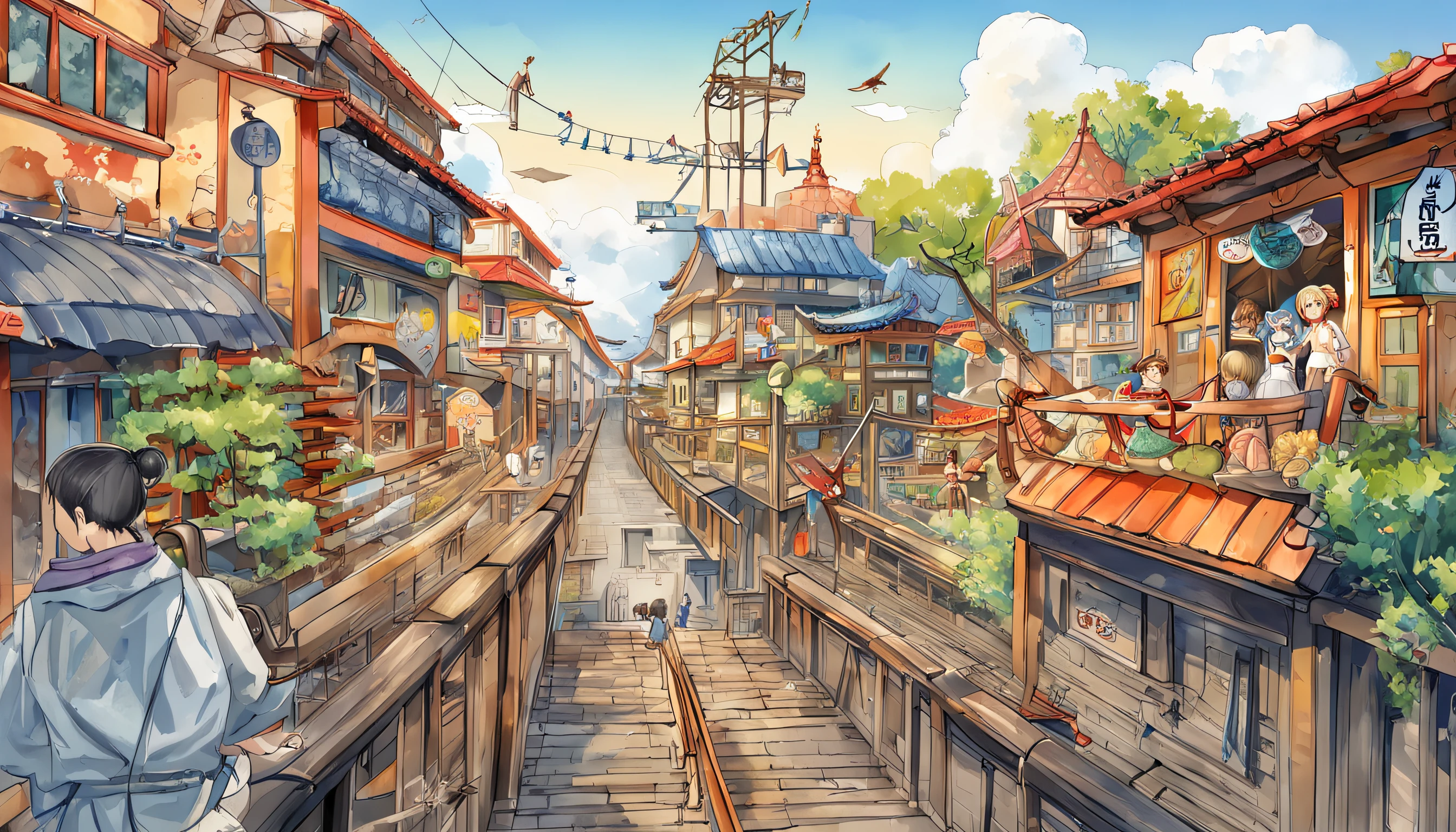 Girl Standing On Skateboard,flying though the air,overlooking a city,There are roller coaster tracks all over the city。Presents a wormeye perspective,Based on the work of Eiichiro Nakata in Weekly Shonen《One piece》Cover art style is style。