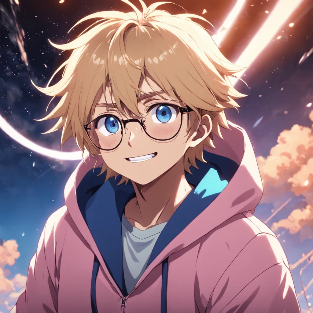 masterpiece, bestquality, movie still, 1man, Dustman, floating in the sky, close up shot, shining, comfortable, Warm soft light, sunset, (sparks:0.7), (male focus:1.2), (kawaii:1.7), Cute man wearing round glasses, looking at the audience, Smiles, Wearing a pink hoodie., Blue Eyes, blond hair,https://www.facebook.com/daMp.N