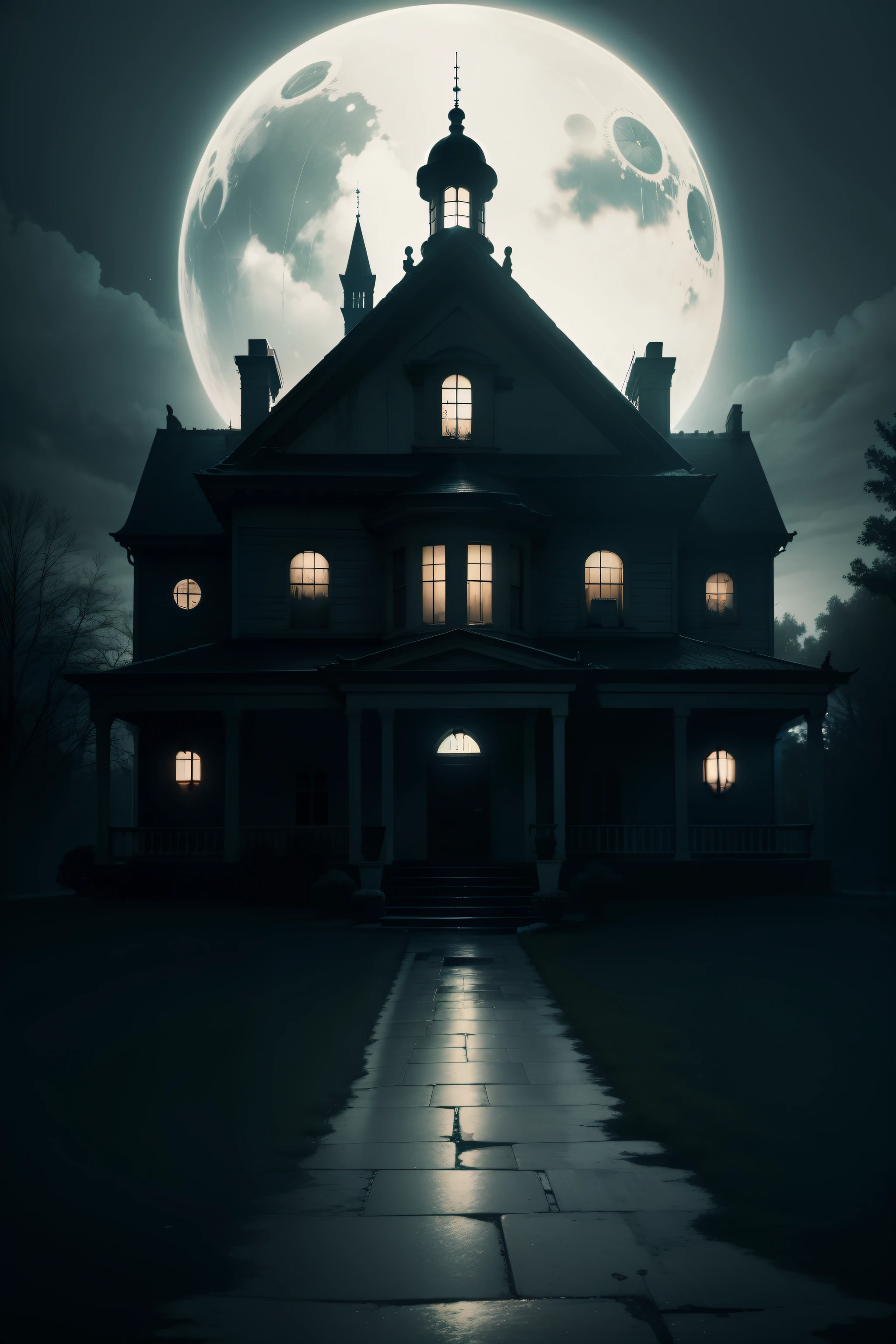 big old home in the background with horror in the night with no light