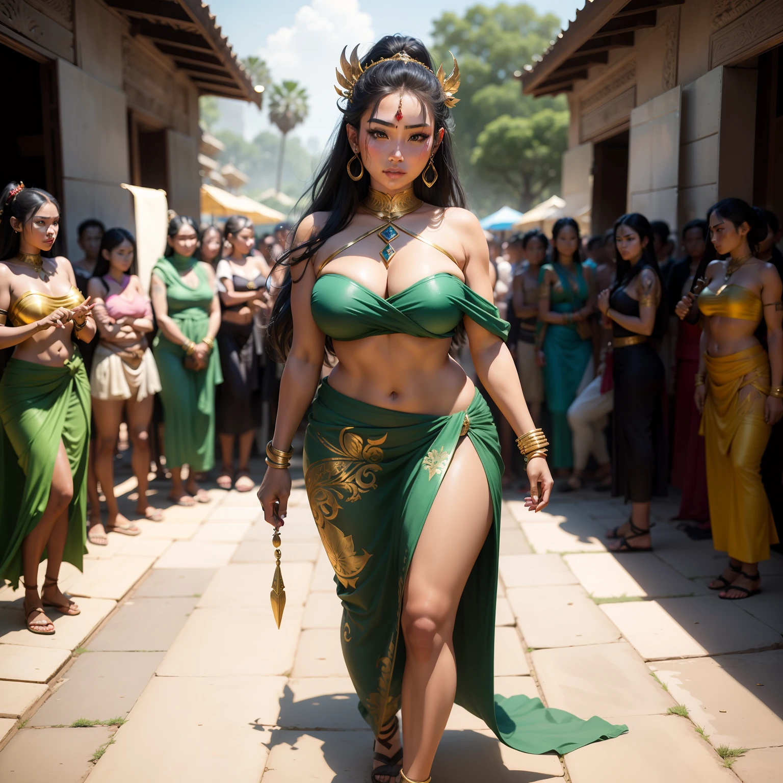 Female Khmer warrior, long black hair, dark brown tanned, Armour on, bangles, Angkor temple, full body, holding weapon, sexy tied hair up, crowd on the head, wearing jewelry, Sak yant tattoos on the arm, curvy body, wear green wrap sarong outfits, dark skinned, cute face, big lips, Diamond shape faces, wide nice nose, defined features on the face, apsara jewelry on, gold leaves jewelry, fighting at war
