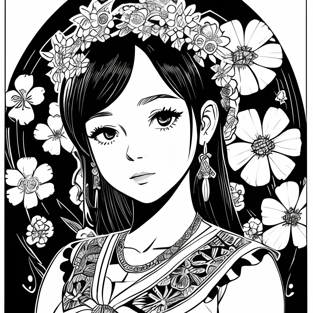 Black and white stick figure 1 girl with forget me knot flowers in background, loli in dress with flowers, its fine ink line art, comic style, portrait of polynesian girl, Marilyn Munroe, Hollywood glam, beautiful line art, black and white comic style, manga style, manga art style, pencil and ink caricature drawing, black and white coloring
