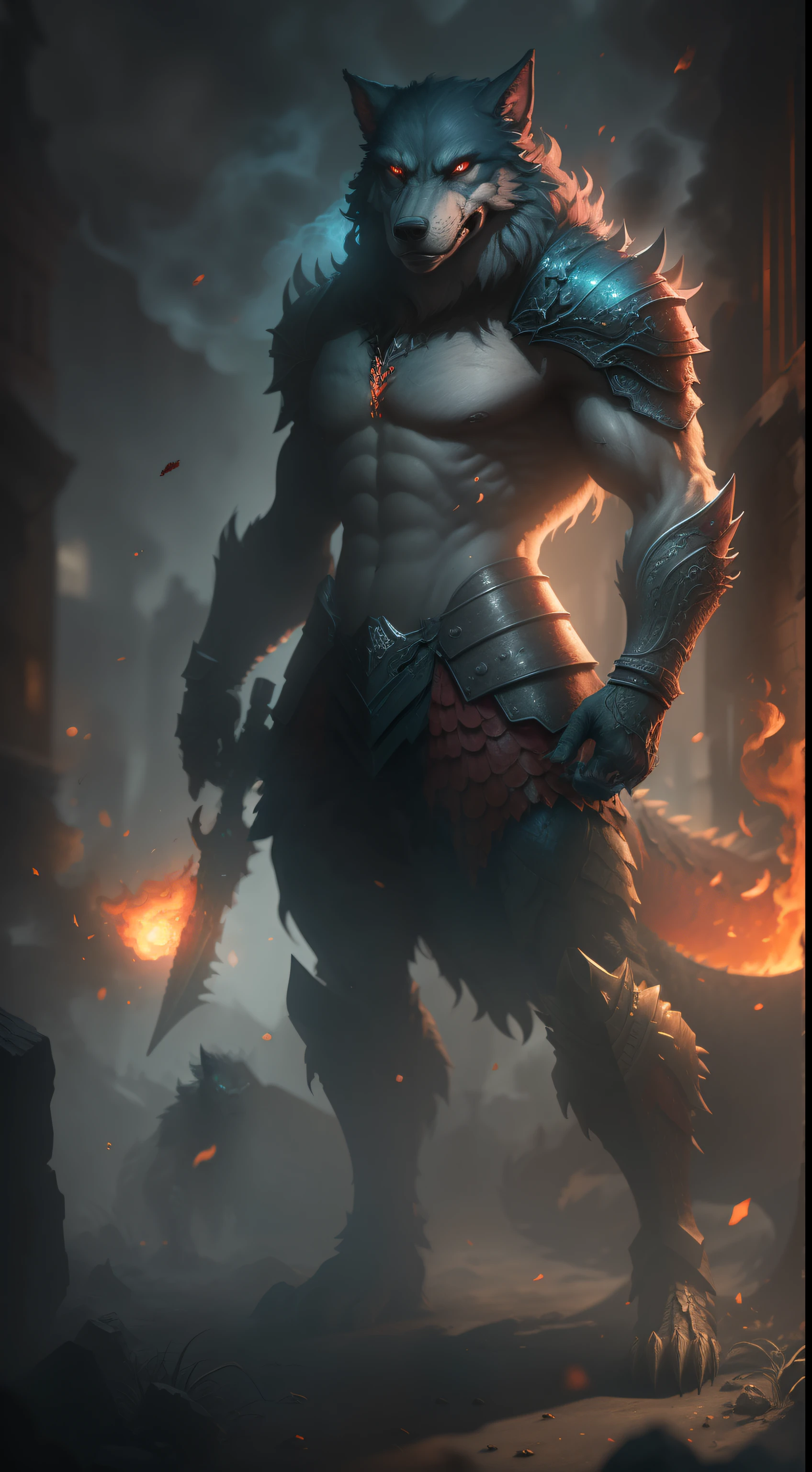 (Bloody Snapshot: 1.1), Epic Realism, Full body shot of Werewolf with black armor reflecting fire, dragon scale inspired armor behind red smoke scene, soft cinematic lighting , Adobe Lightroom, photo lab, HDR, complex, Very detailed, (Depth of field: 1.4), super detailed (Artstation: 1, 4), Cinematic, warm light, Light impressive (intricate details: 1.1)