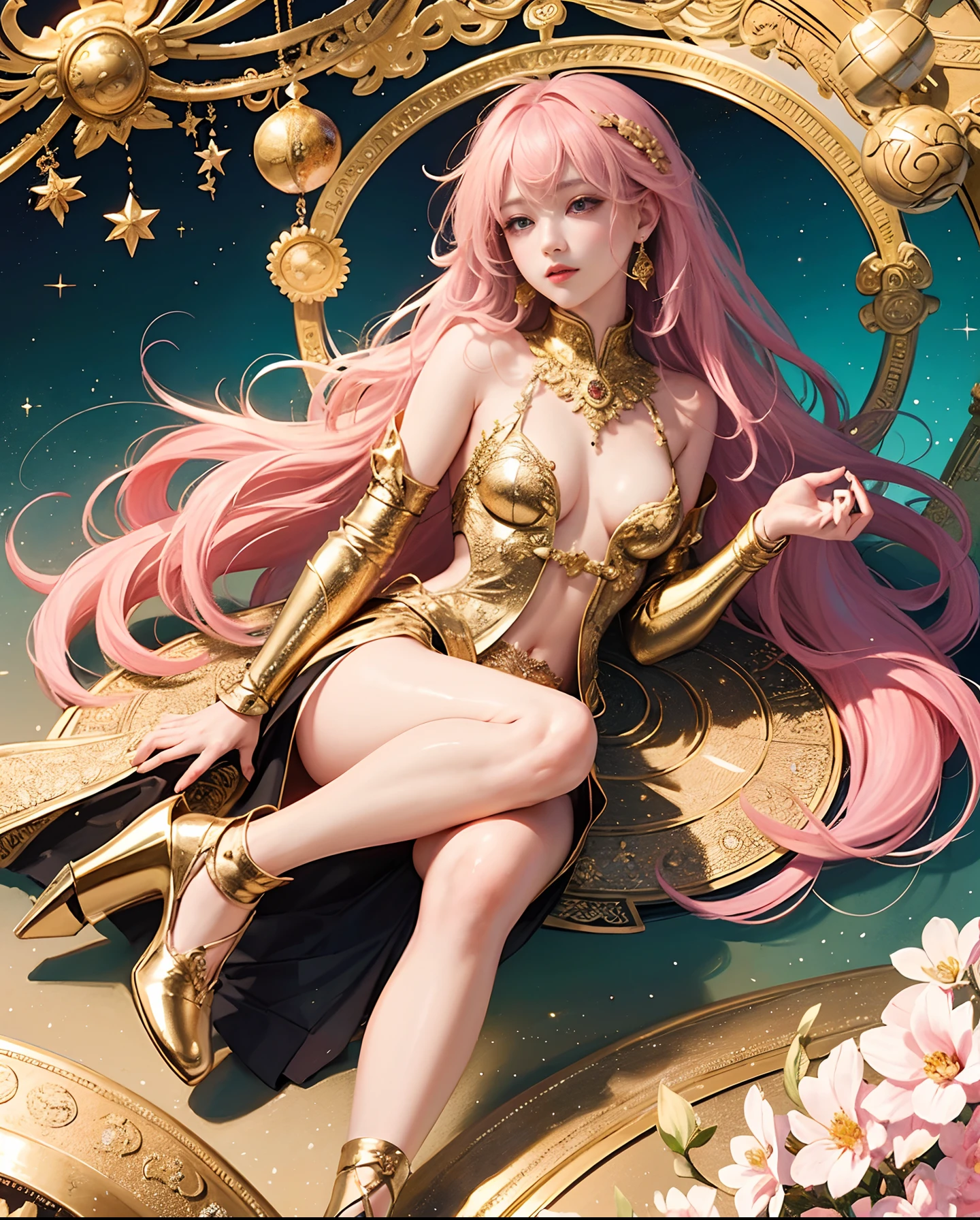 PerfectNwsjMajic,(masterpiece、top-quality、top-quality、Official art、Beautifully Aesthetic:1.2)、(1girl in)、ighly detailed、colourfull、highestdetailed、Official art、Unity 8k壁纸、ultra-detailliert、Beautifully Aesthetic、Beautiful fece、masterpiece、top-quality、(Zentangle、a Mandala、Tangles、Entanglement)、Holy Light、gold foil、Gold leaf art、glitter drawing、pure、There are also resilient messages, Overcoming and hope. Breasts are small and B size、Eyes are double, Beautifully detailed、Hair that flutters in the wind、Pink gradient hair color on golden hair、Light pink haori、Golden high heels