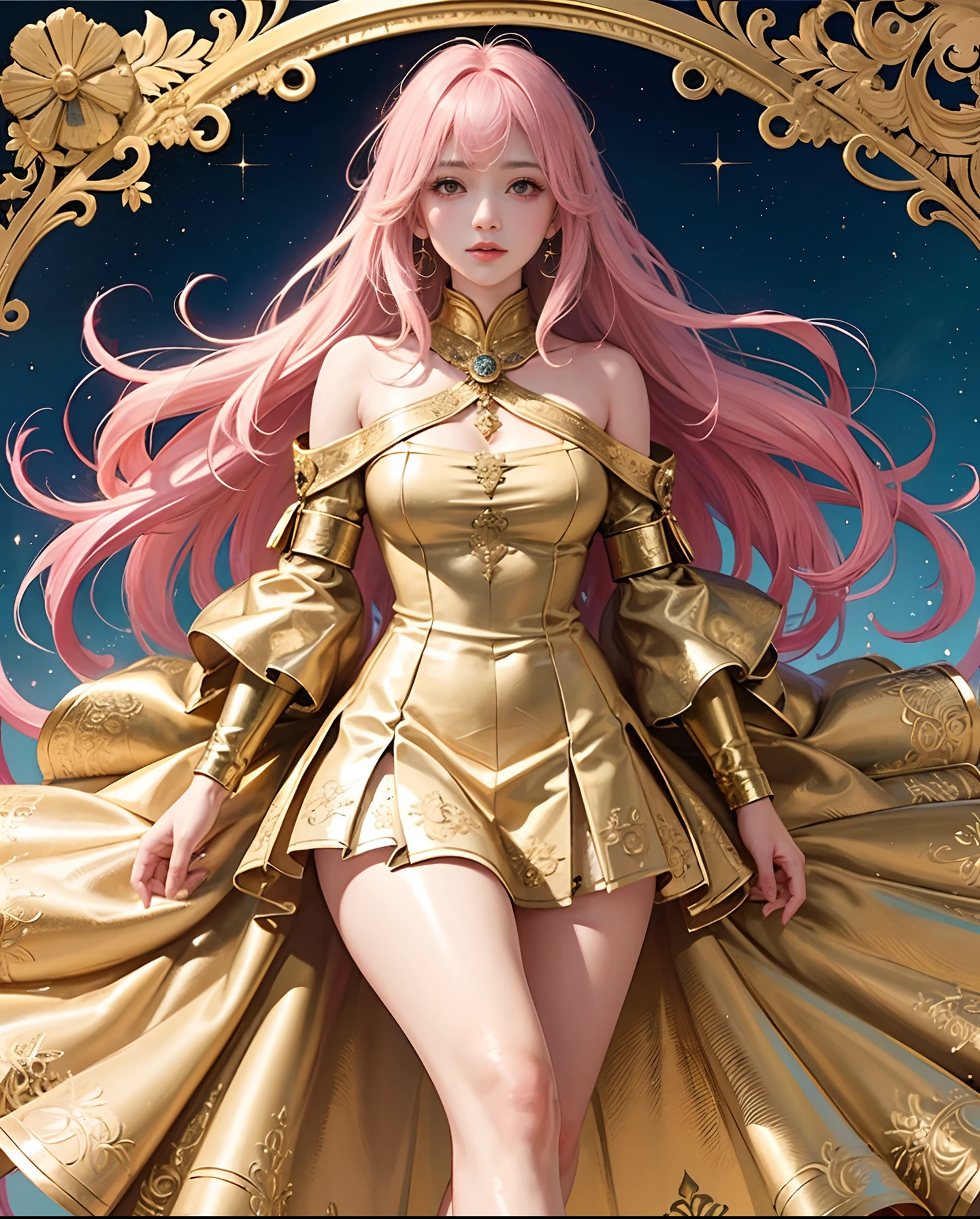PerfectNwsjMajic,(masterpiece、top-quality、top-quality、Official art、Beautifully Aesthetic:1.2)、(1girl in)、ighly detailed、colourfull、highestdetailed、Official art、Unity 8k壁纸、ultra-detailliert、Beautifully Aesthetic、Beautiful fece、masterpiece、top-quality、(Zentangle、a Mandala、Tangles、Entanglement)、Holy Light、gold foil、Gold leaf art、glitter drawing、pure、There are also resilient messages, Overcoming and hope. Breasts are small and B size、Eyes are double, Beautifully detailed、Hair that flutters in the wind、Pink gradient hair color on golden hair、Light pink haori、Golden high heels