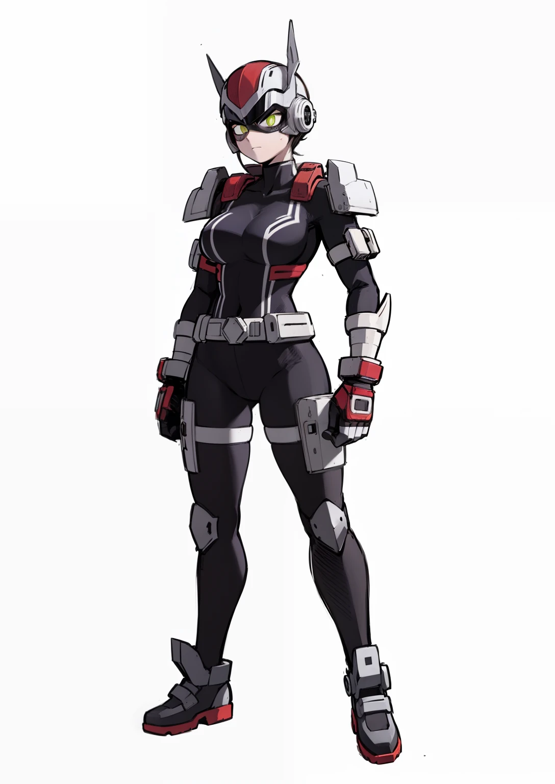 My Hero Academia style, anime Girl, female, trending on artstation pixiv, (full body shot:0.5), wide hips, wide thighs, large breast, head cover, helmet, face cover mask, hero suit, full body suit, black suit with purple lines, Perfect anatomy, Super Detailed,