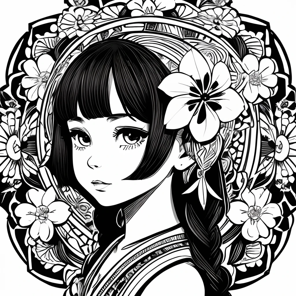 Black and white stick figure 1 girl with forget me knot flowers in background, loli in dress with flowers, its fine ink line art, comic style, portrait of polynesian girl, Marilyn Munroe, Hollywood glam, beautiful line art, black and white comic style, manga style, manga art style, pencil and ink caricature drawing, black and white coloring