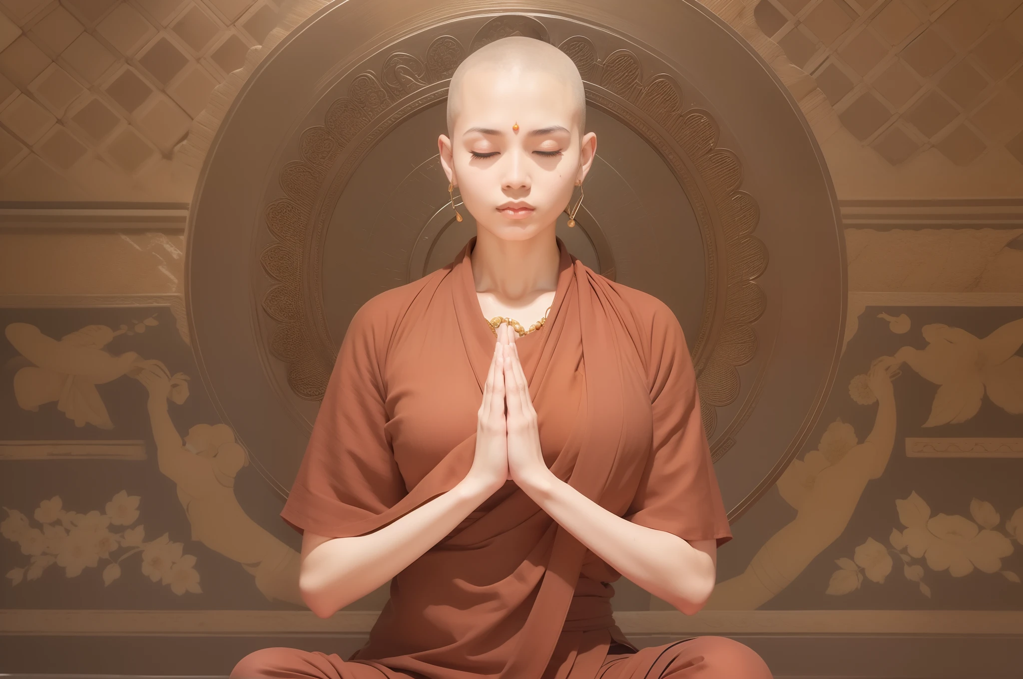 A shaved head female monk prays, buddhist monk meditating, Anjali Mudra, figure meditating close shot, wearing simple robes,beads cross onbare chest, Elegant Yoga Poses,Slender Asian Woman