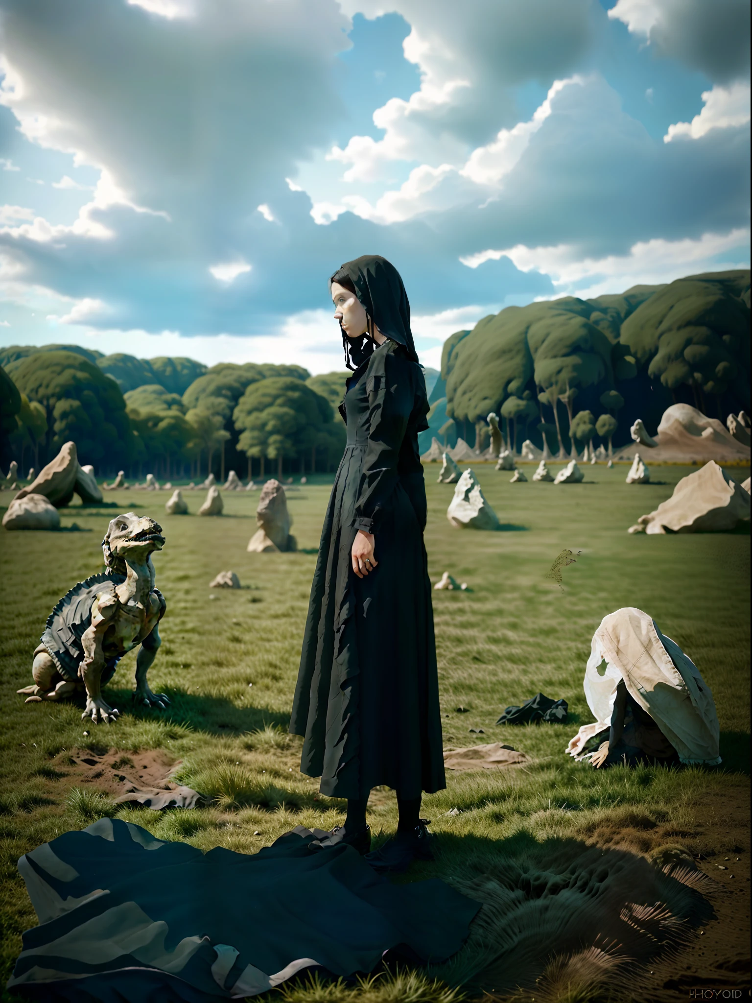 On the grass，Scattered dinosaur fossils，White bones，fossils，Heads-up，The perspective is correct，Realiy，Photographic works，Farewell to the middle view，A woman in a black gauze dress stands in the middle