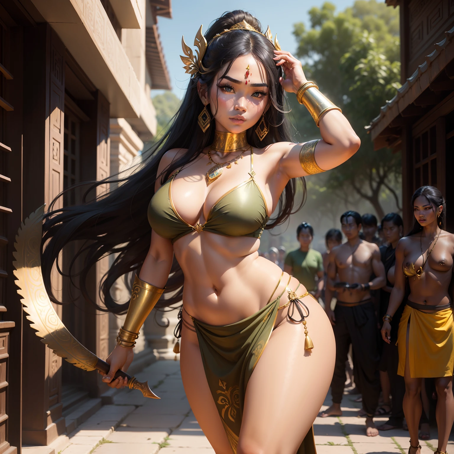 Female Khmer warrior, long black hair, dark brown tanned, Armour on, bangles, Angkor temple, full body, holding weapon, sexy tied hair up, crowd on the head, wearing jewelry, Sak yant tattoos on the arm, curvy body, wear green wrap sarong outfits, dark skinned, cute face, big lips, Diamond shape faces, wide nice nose, defined features on the face, apsara jewelry on, gold leaves jewelry, fighting at war