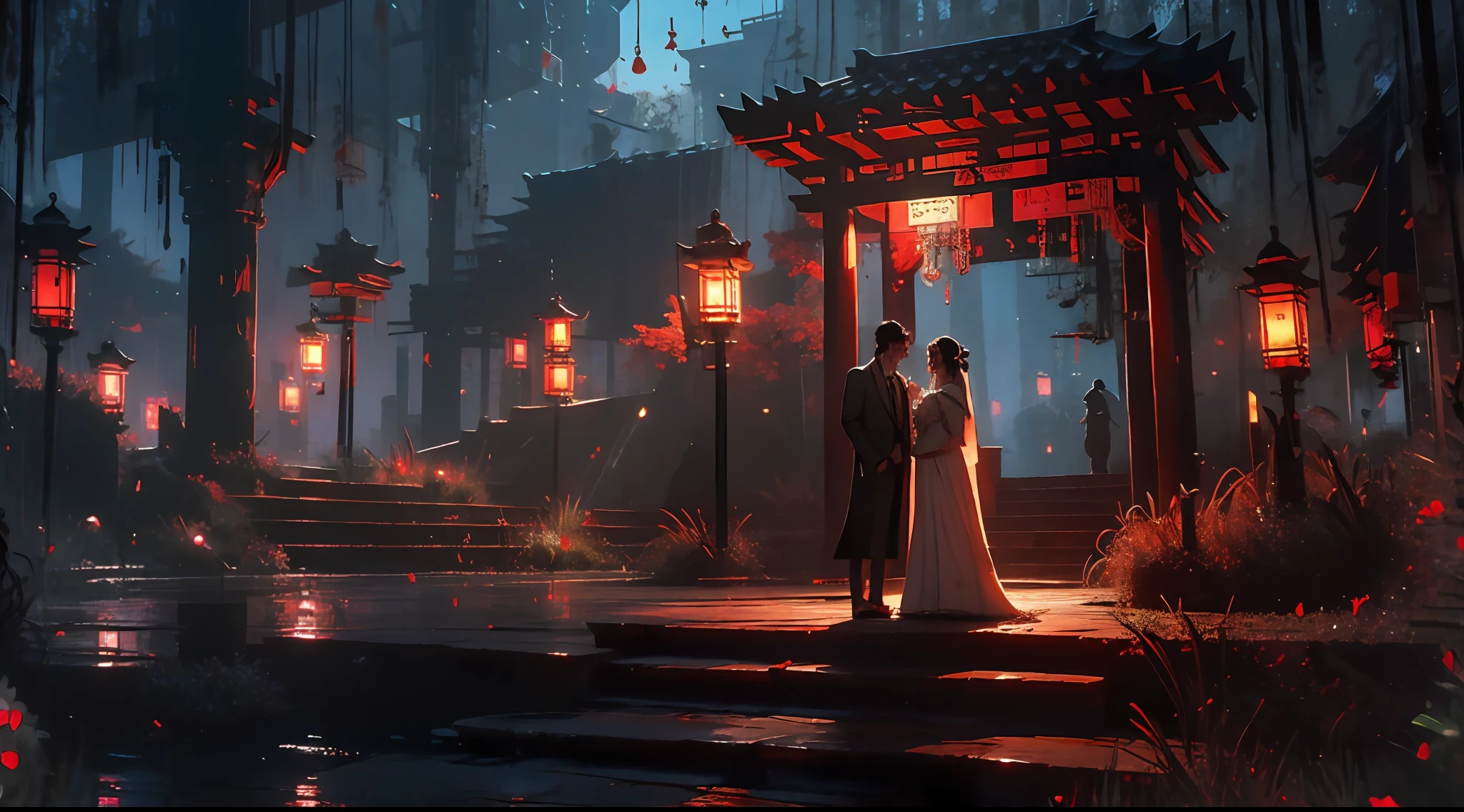(tmasterpiece:1.2),best qualtiy,realisticlying,Tindall Effect,Marriage in the underworld,creepy atmosphera,natta,Red Palace Lamp, The tree, scenecy, outside of house, "年轻, Handsome and beautiful aristocratic couple traveling in the underworld,Detailed eyes,Clear facial features",komono, East Asian Architecture, buliding, Skysky, nigh sky, stairway,amaryllis