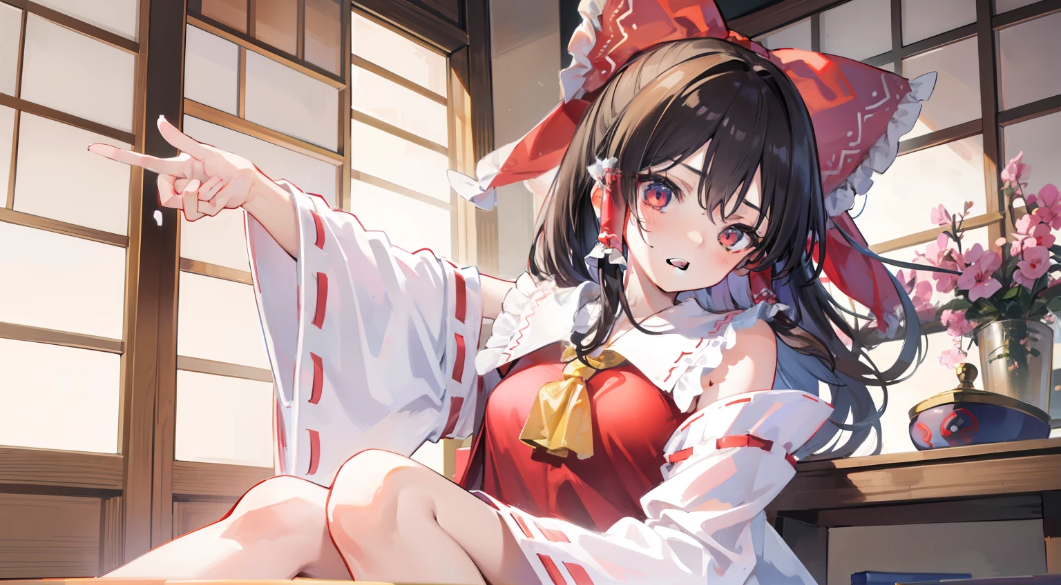 masutepiece, Fine detail, 4K, 8K, 12K, Solo, Solo, Beautiful Girl, caucasian female, reimu hakurei, Seiza, Hands on your knees、Surprised face, Open mouth、japanese architecture、Inside the shrine、cushion、Chabudai