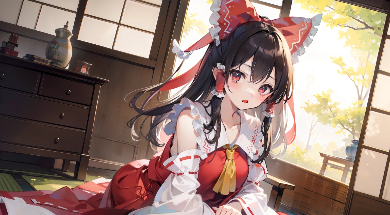 masutepiece, Fine detail, 4K, 8K, 12K, Solo, Solo, Beautiful Girl, caucasian female, reimu hakurei, Seiza, Hands on your knees、Surprised face, Open mouth、japanese architecture、Inside the shrine、cushion、Chabudai