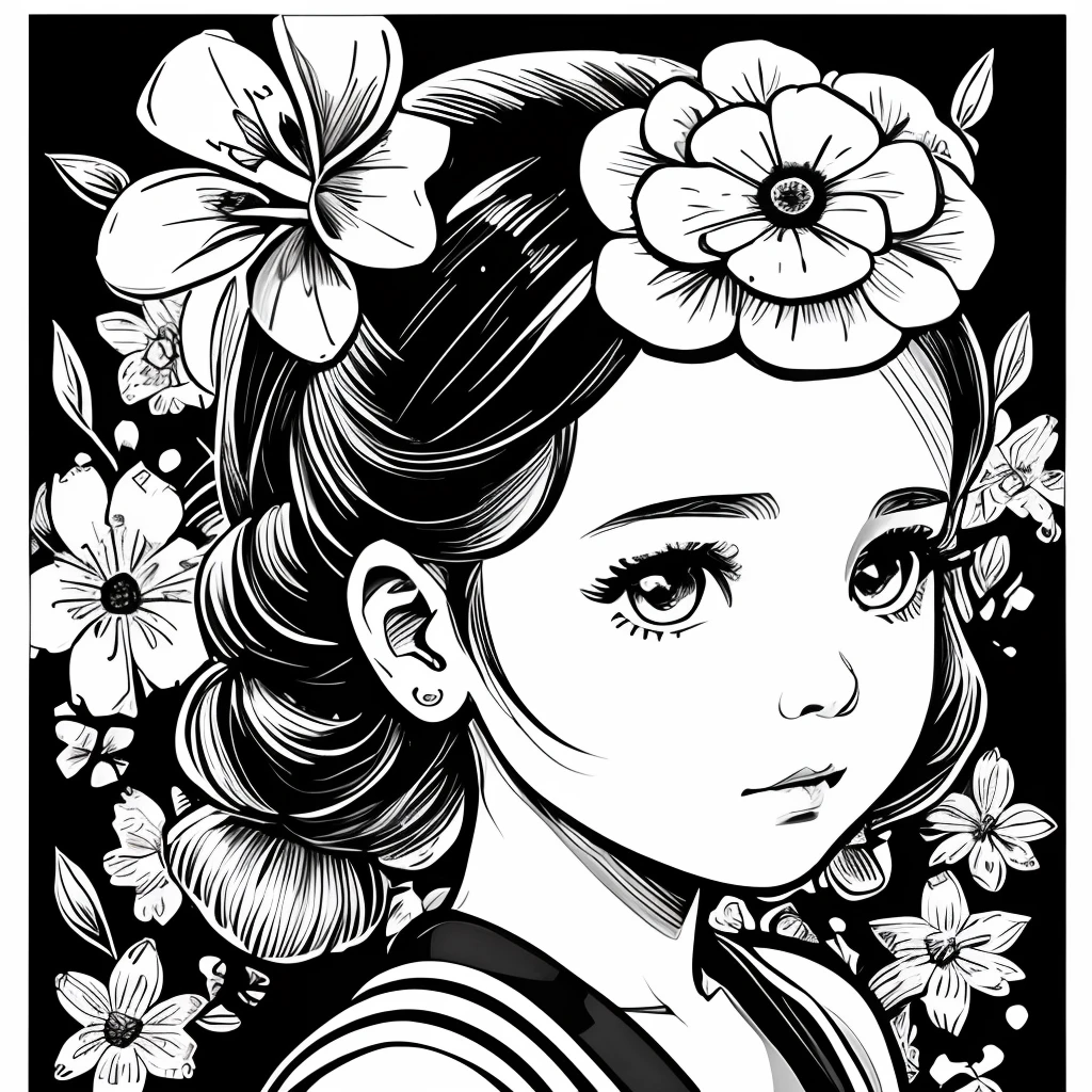 Black and white stick figure 1 girl with forget me knot flowers in background, loli in dress with flowers, its fine ink line art, comic style, portrait of polynesian girl, Marilyn Munroe, Hollywood glam, beautiful line art, black and white comic style, manga style, manga art style, pencil and ink caricature drawing, black and white coloring