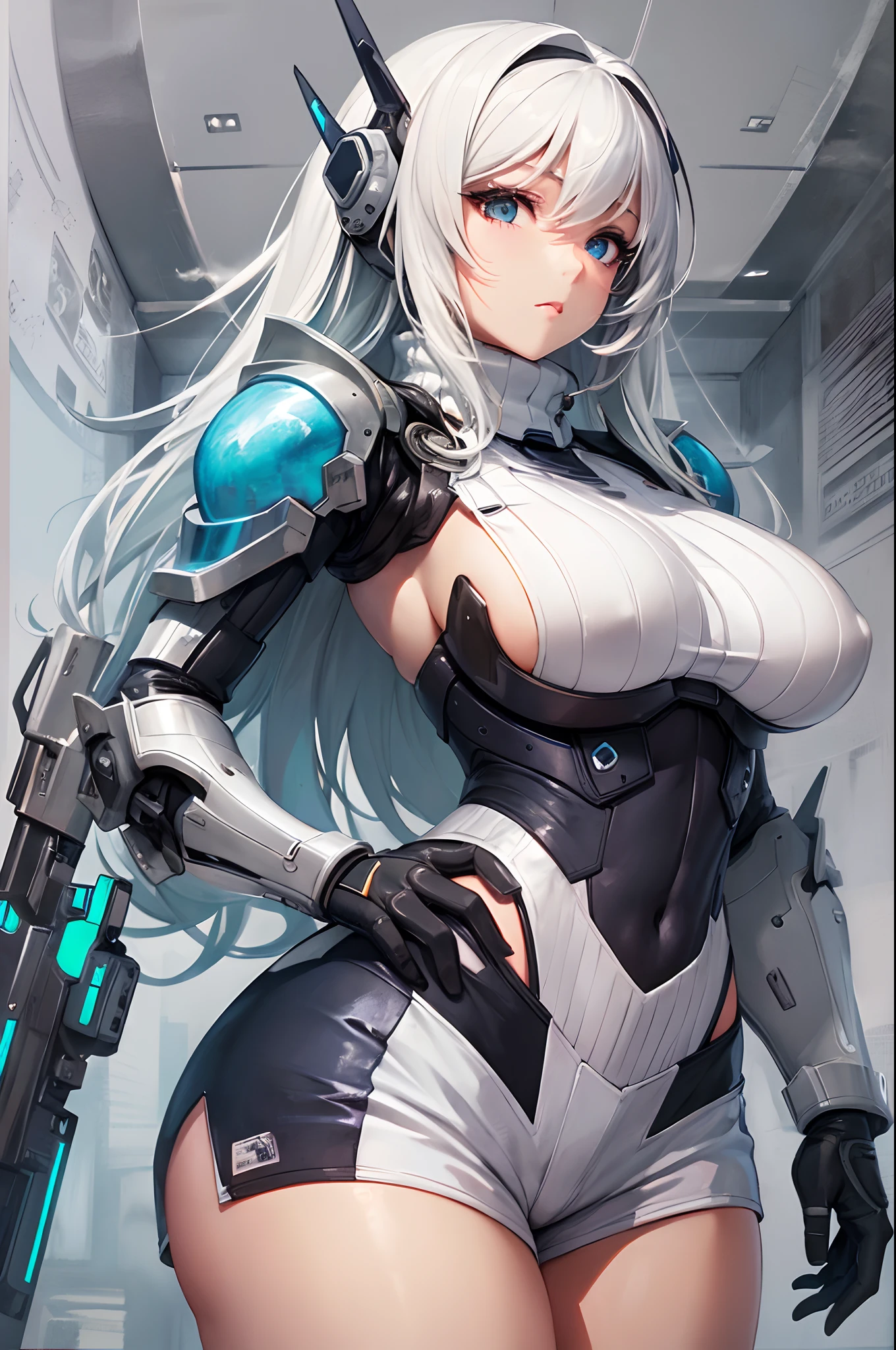 big boobs,(masterpiece), best quality, extremely detailed, (watercolor), bloom, delicate and beautiful, illustration, (from below),(1girl:1.4), (solo:1.2), large breasts, (ribbed sweater:1.3), off-shoulder sweater, (short shorts:1.2), bare shoulders, (underboob:1.2), ((dark skin:0.8)), beautiful eyes, (disheveled hair ), photography, over-the-shoulder shot, by Alex Maleev, professional, canon camera, nikon camera, sharp, bokeh, studio quality, fisheye lens, by Robert Capa ,araffe with a huge body and a huge body in a cosplay, girl in mecha cyber armor, ferra white mecha, female mecha, mechanized valkyrie girl, beutiful white girl cyborg, armor girl, clothed in sci-fi military armor, scifi woman, in white futuristic armor, gorgeous female paladin, mechanized soldier girl --auto --s2