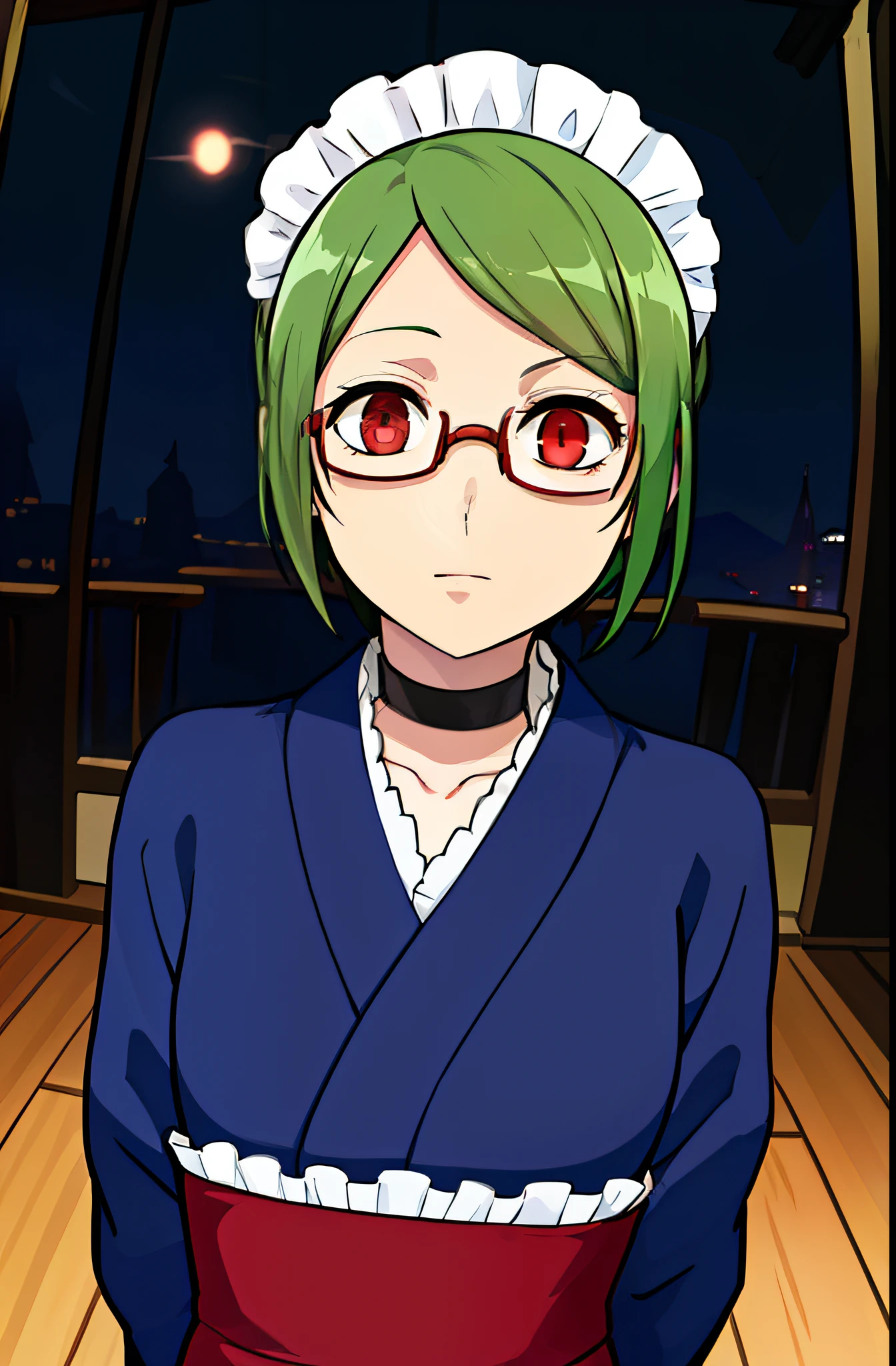 masterpiece, best quality, solo, (detailed eyes:0.9), (detailed lighting, depth of field:0.9), maid, blue kimono, choker, red eyes, symbol-shaped_pupils, expressionless, 
 arms behind back, 
canyon, 
fisheye, 
night, 
cropped legs, 
furled brow, (((glasses))), ((rim-less eyewear)), secretary uniform, short hair, (((mature female))), tall, beautiful, sexy, medium breast, milf, (eyewear:0.9)