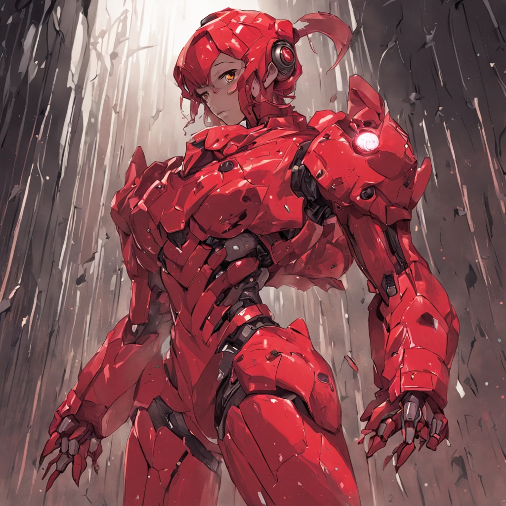 "a mais alta qualidade, em (droide vermelho) de (metal vermelho) de guerra ((de corpo vermelho)) A formidable opponent. Com sua armadura resistente, (metal vermelho) com (a biological weapon in the right hand) It's certainly a scary presence behind the scenes, uma imensa poeira de hera sendo refletida pela luz;, in high resolution and extremely realistic."