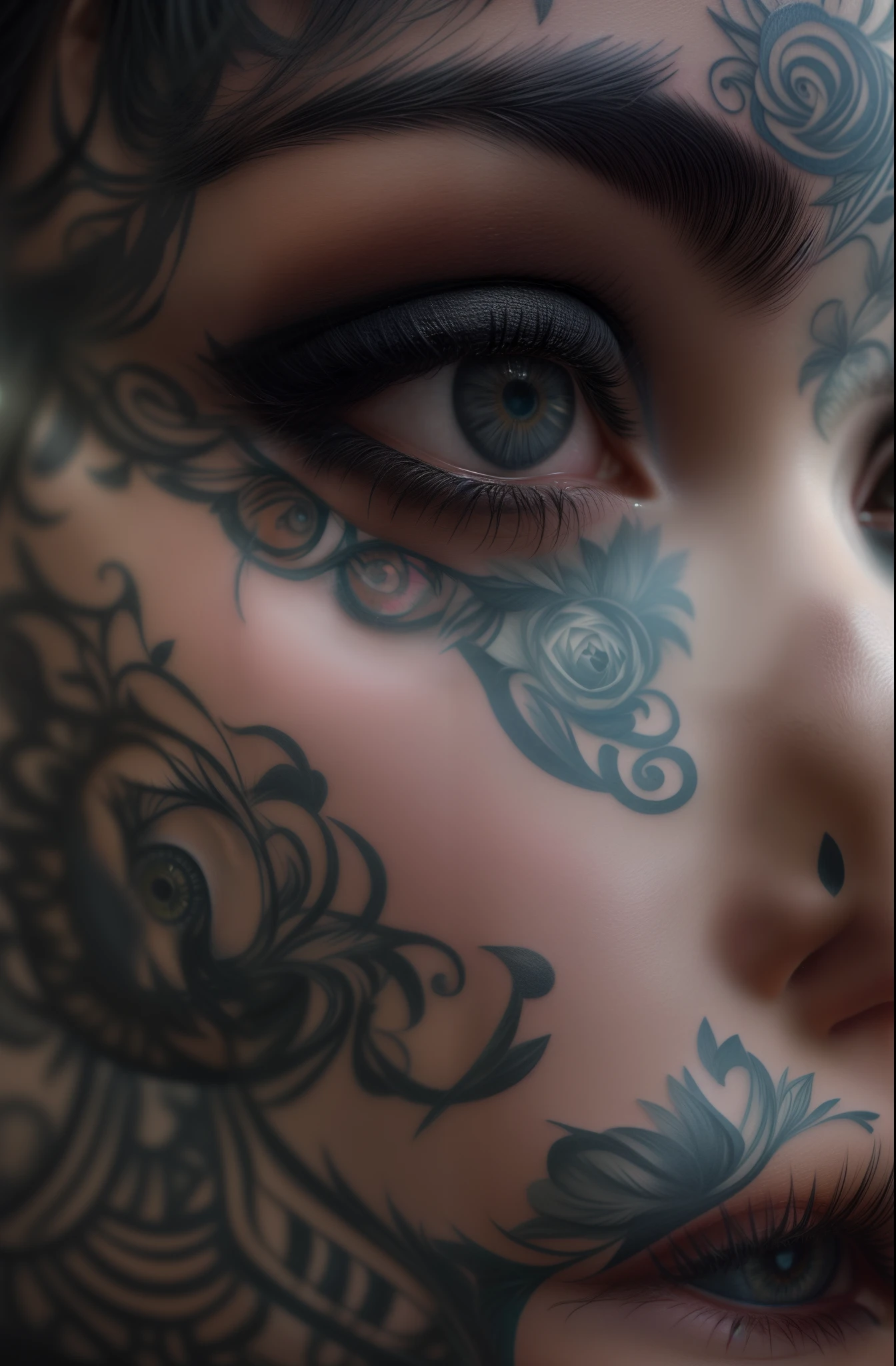A gorgeous woman with indie tattoees, closeup face portrait, micro-details, photorealism, cinematic light, dramatic, black hair, photorealistic, Surrealism, 8k, super detail, hyper realism, masterpiece, intricate design, real, realism, crystal clear,