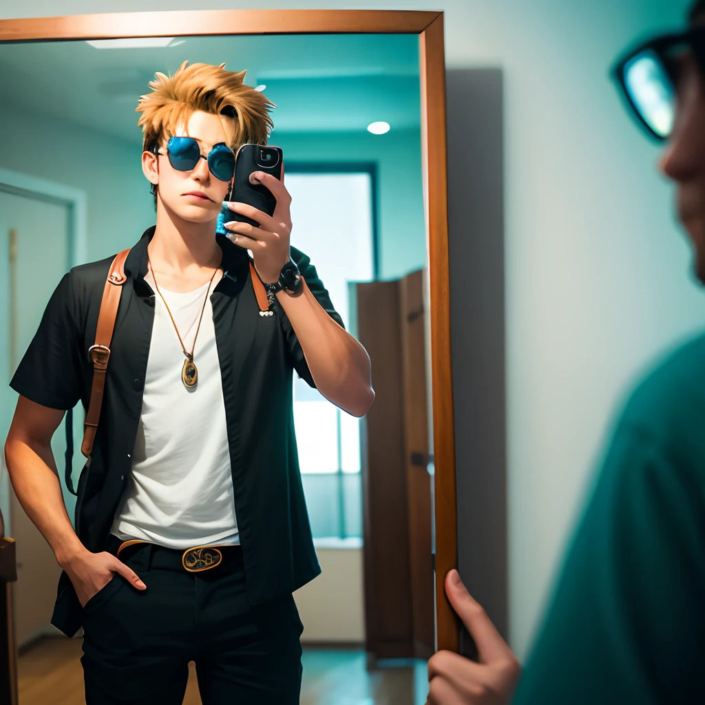 An anime-style boy wearing sunglasses,Holding the Canon camera Mark II in both hands,Take a selfie in the mirror