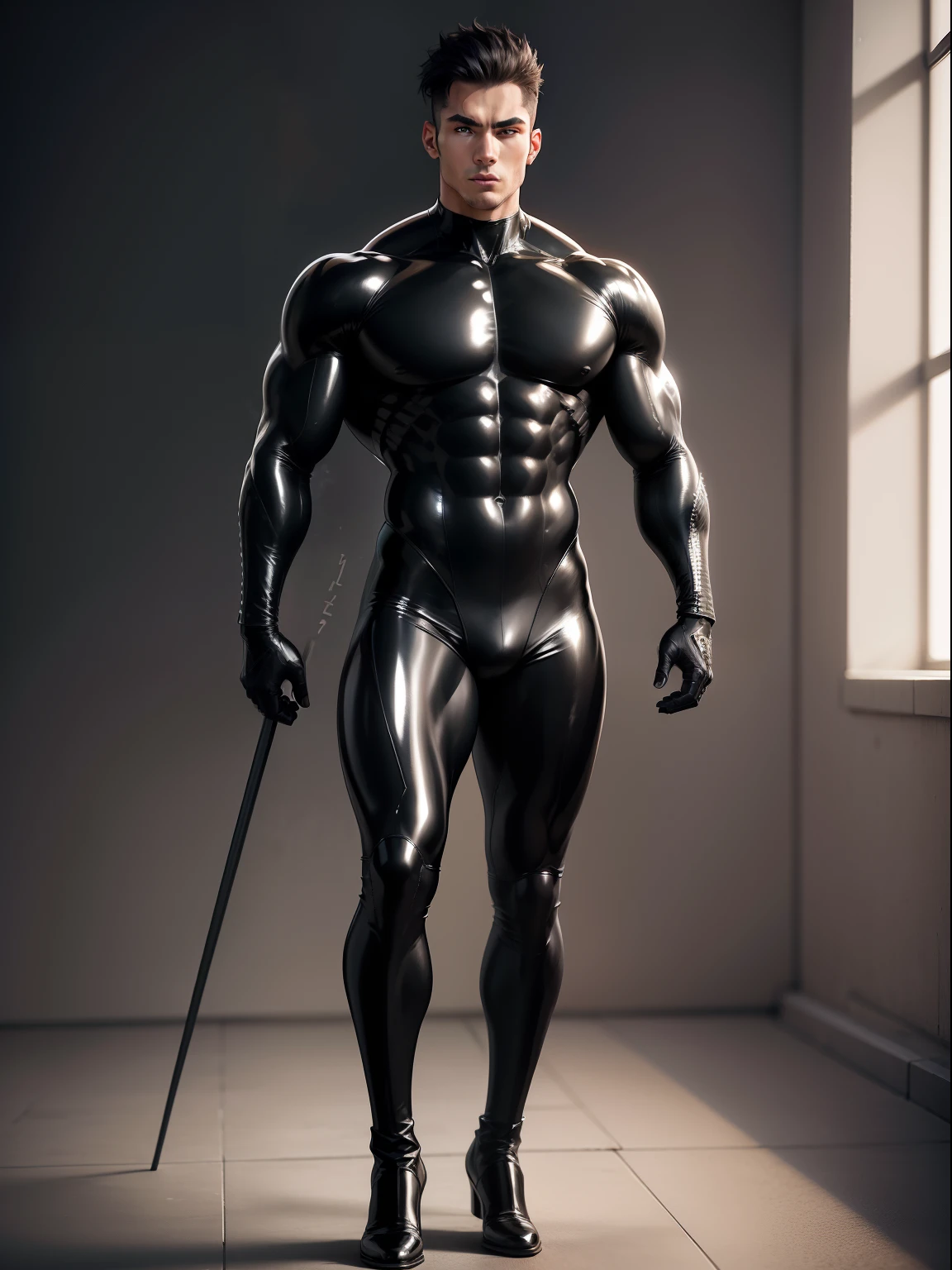 musculature,Shiny black suit 18 cm,Handsome，Full body photo，latex suit，future warrior，Long boots，male people，年轻，Muscular body