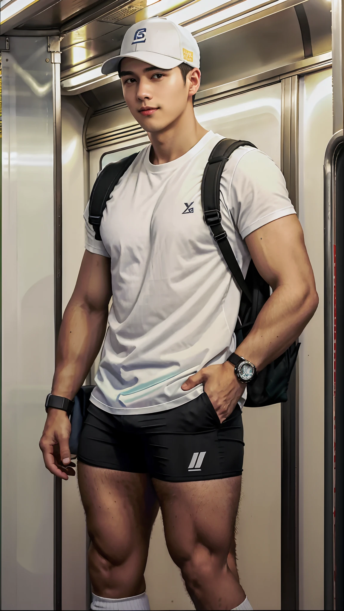 A cheap anime-style LGBT image of a daddy that conveys confidence and calm, daddy is sitting VPL inside the subway talking on his cell phone, VPL, daddy vestindo roupas de jogador de futebol com coxas definidas vpl , poor lighting inside the subway at night, VPL.