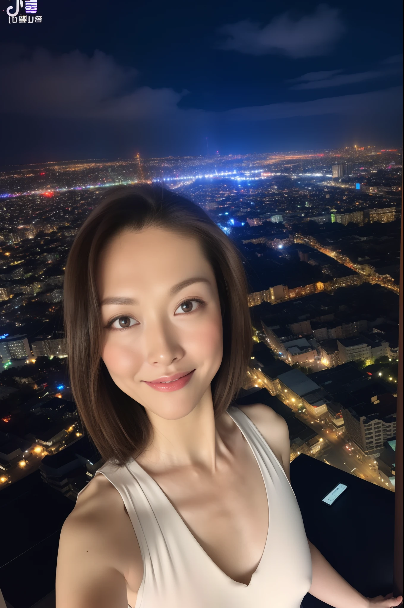 top-quality、tmasterpiece、超A high resolution、(hentail realism:1.4)、(True skin texture:1.3)、in a panoramic view、porate、Very wide lens、Beautiful adult woman、Beautiful details of the eyes and skin、Small smile、Short hair with wet brown hair、small busts、small necklace、White sleeveless shirt,Make it wet、On rainy days, You can see the bright night view from the roof of the building、Bright night rain clouds、Rainy night city lights、Sateen、(nsfw:1.5),