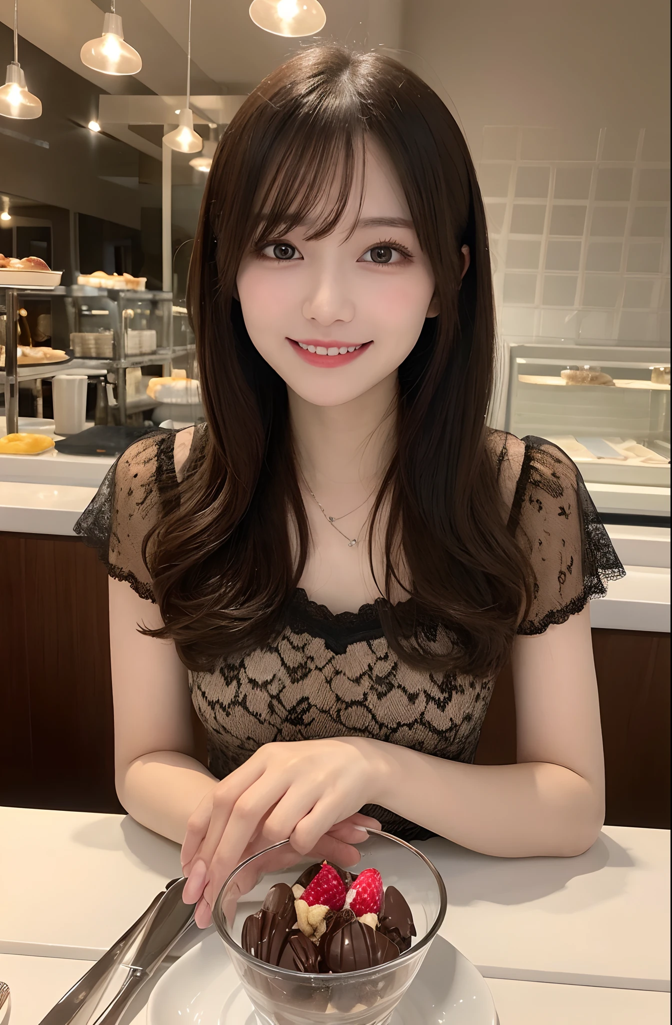 masutepiece, Best Quality, Illustration, Ultra-detailed, finely detail, hight resolution, 8K Wallpaper, Perfect dynamic composition, 1 beautiful girl, Beautiful detailed eyes, girly blouse, Medium Hair, normal breasts, Natural Color Lip, Random Poses, Smile, open mouth:0.8, Snazzy cafe, 20 years girl, sit, a chocolate parfait in vertically elongated glass on the table,