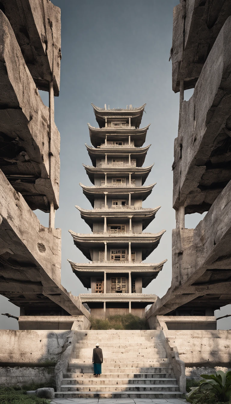 (masterpiece, heritage site:1.1), Kaiping Diaolou in China, (30-meter height:1.1), iconic structure, UNESCO World Heritage, (minimalist design:1.2), simplistic elegance, (unique top design:1.2), non-circular rooftop, (cultural heritage:1.1), historical importance, (vertical lines:1.2), commanding presence, preserving the past, (soaring into the sky:1.2), stark contrast against nature, solitary guardian, capturing the essence of a single tower.