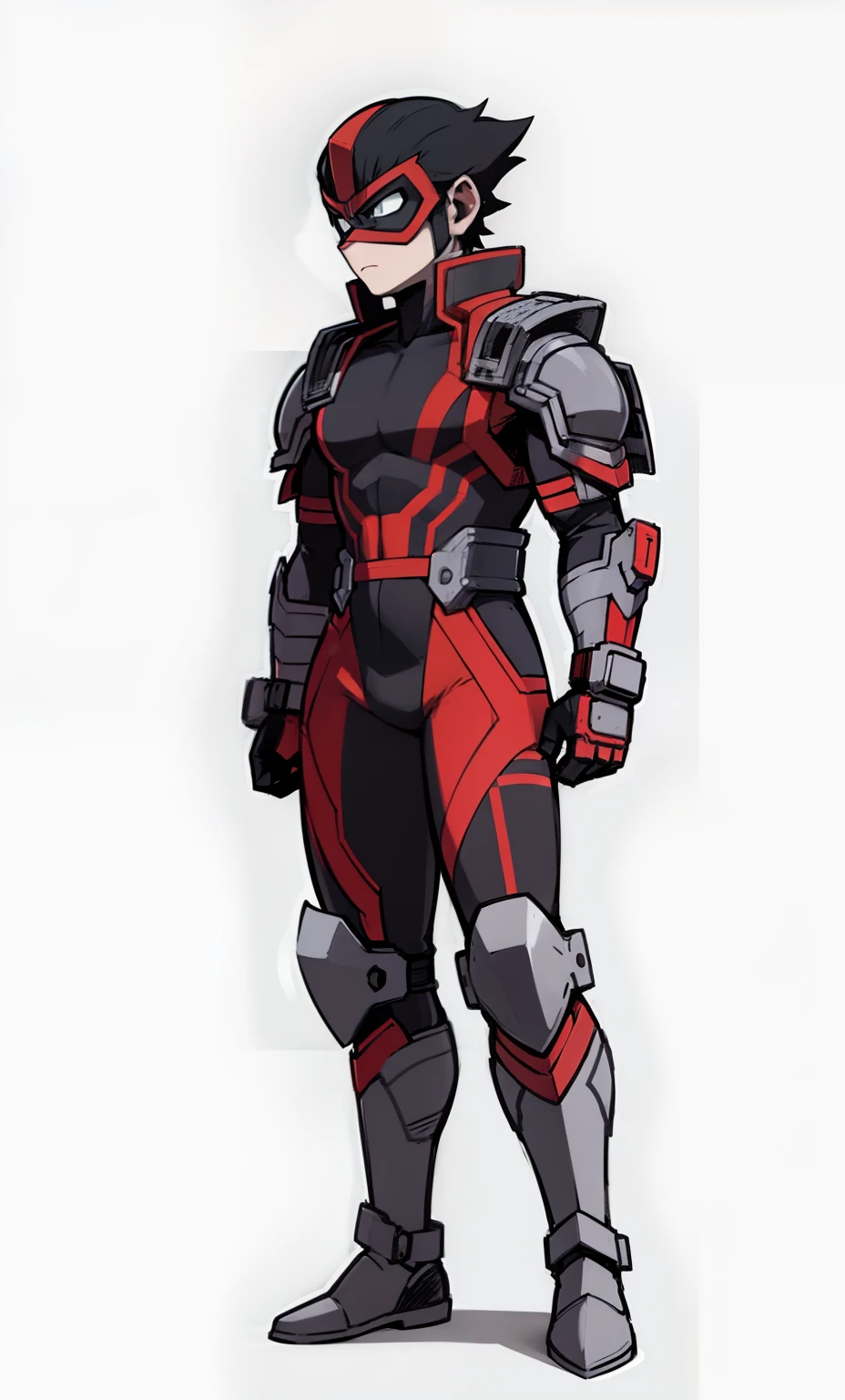 My Hero Academia style, anime boy, male, young male, trending on artstation pixiv, (full body shot:0.5), head covering, helmet, face covering, mask, hero suit, full body suit, blue suit with red lines, Perfect anatomy, Super Detailed,