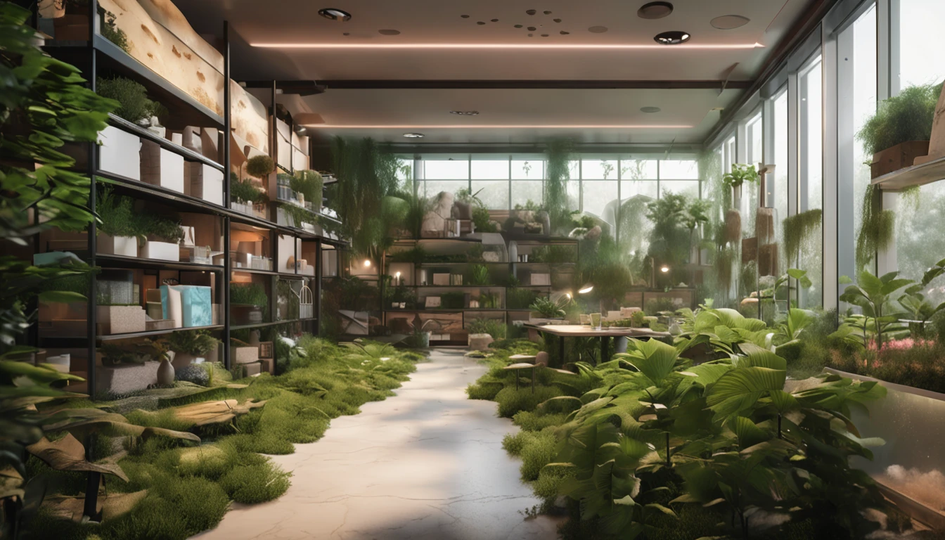 there is a tree in the middle of a room with shelves, Inside the uninhabited mall, natural inshelves lighting, dense with greenery, green floor, biophilia mood, hyper-realistic environment, natural realistic render, plants and grass, greenery growing, moss on the walls, relaxing environment, with backdrop of natural light, overgrown environment, enscape render, nature taking over