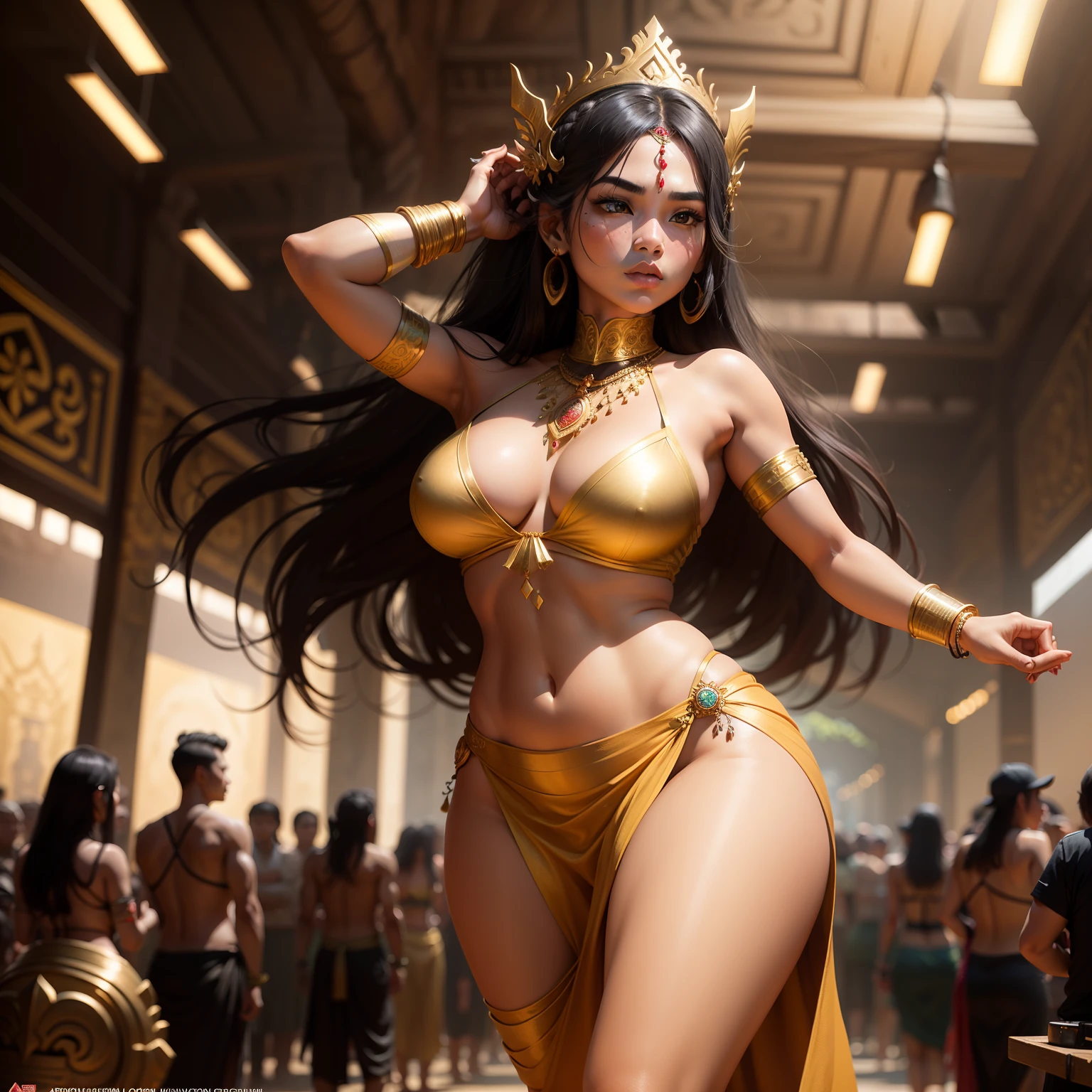 Female Khmer warrior, long black hair, dark brown tanned, Armour on, bangles, Angkor temple, full body, holding weapon, sexy tied hair up, crowd on the head, wearing jewelry, Sak yant tattoos on the arm, curvy body, wear green wrap sarong outfits, dark skinned, cute face, big lips, Diamond shape faces, wide nice nose, defined features on the face, apsara jewelry on, gold leaves jewelry, fighting at war