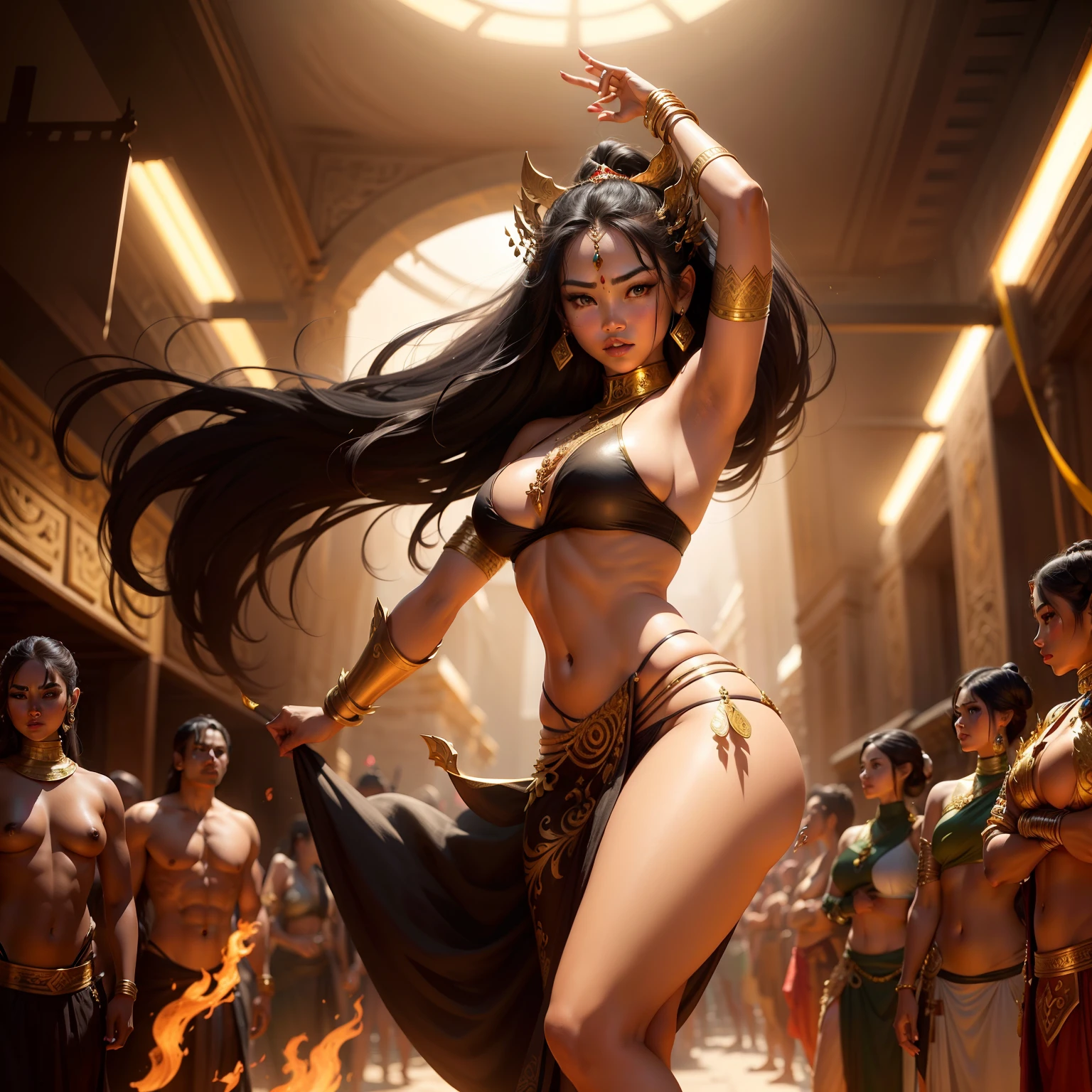 Female Khmer warrior, long black hair, dark brown tanned, Armour on, bangles, Angkor temple, full body, holding weapon, sexy tied hair up, crowd on the head, wearing jewelry, Sak yant tattoos on the arm, curvy body, wear green wrap sarong outfits, dark skinned, cute face, big lips, Diamond shape faces, wide nice nose, defined features on the face, apsara jewelry on, gold leaves jewelry, fighting at war