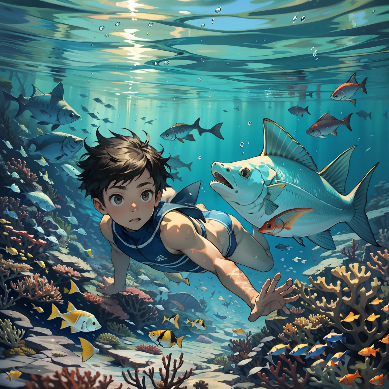 A boy at the bottom of the sea,Swim with small fish