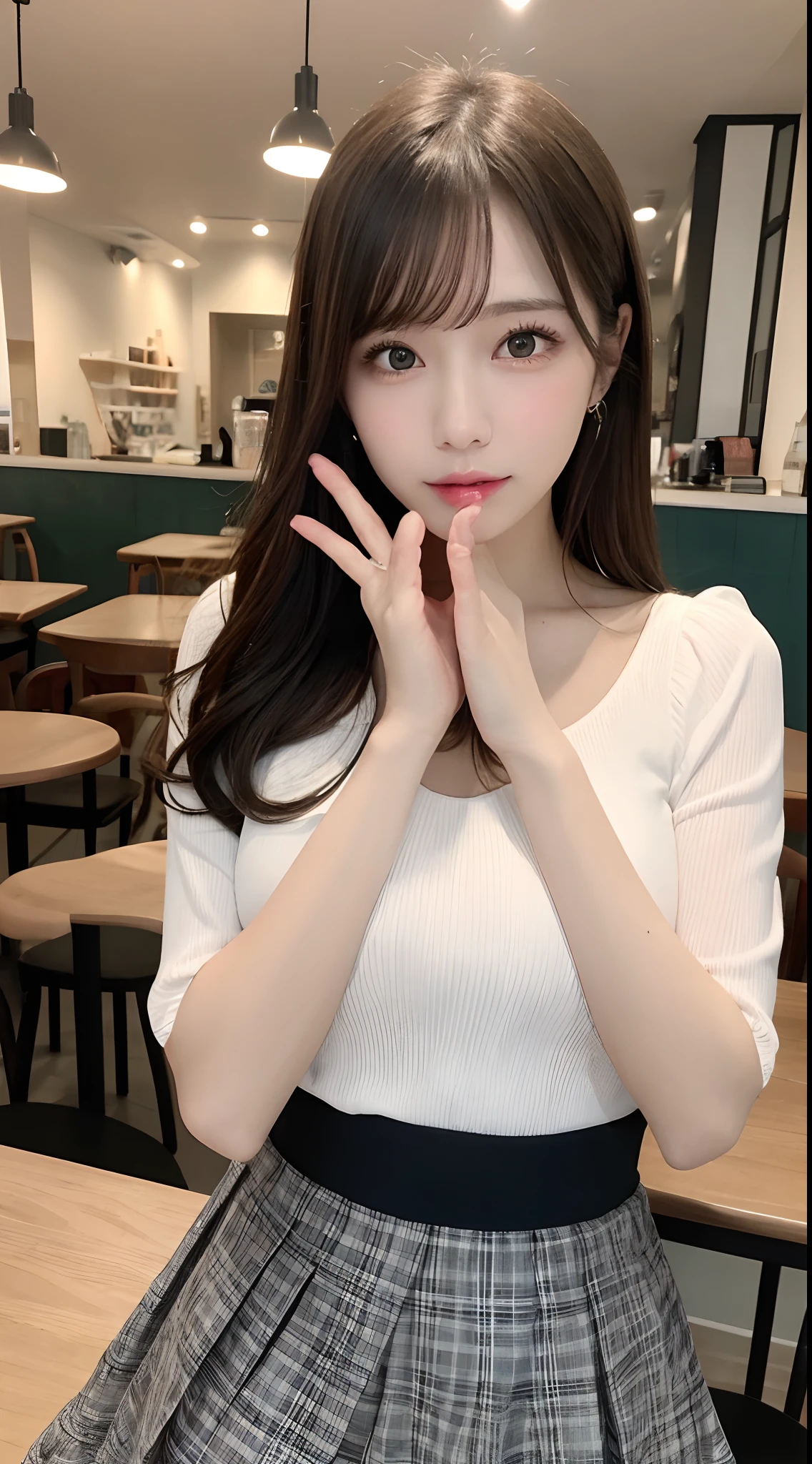 masutepiece, Best Quality, Illustration, Ultra-detailed, finely detail, hight resolution, 8K Wallpaper, Perfect dynamic composition, 1 beautiful girl, Beautiful detailed eyes, girly blouse, long skirt, Medium Hair, normal breasts, Natural Color Lip, Wave hand Pose, open mouth:0.8, Snazzy cafe, 20 years girl