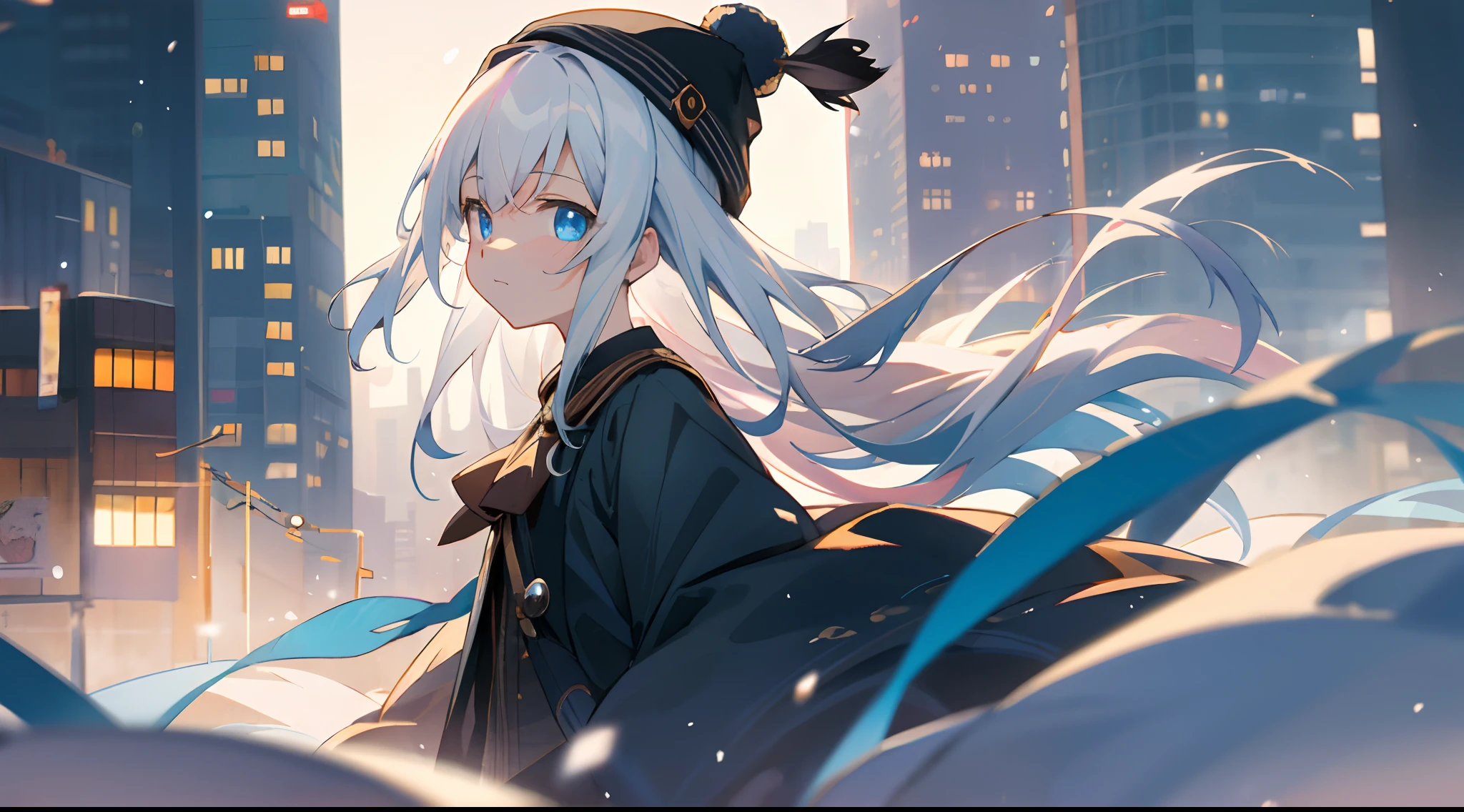 中景 the scene is,Medium shot,depth of fields,The upper part of the body,cowboy shot,Movie Angle,tmasterpiece,best qualtiy,ultra - detailed,CG,8k wallpaper,Ultra-wide lens,Nice face,Elaborate Eyes,Face enhancement,White-haired vampire,solo,(Wagas,the street:1.4)gotik,whaite hair,Black beanie,bblurry,(bokeh,blur backgroun:1.4),(City lights,neonlight:1.4),Winters,Morning,sunraise,(lens flare glow),(城市,view over city:1.4),Light blue eyes,Eye focus,围巾,depth of fields,yuki,Snow particles