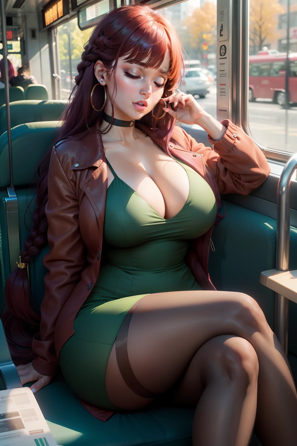 1 beautiful woman, adult, large body, bangs, hair in a braid, maroon hair, hoop earrings, outlined eyelids, made-up eyelids, green dress, cleavage, blue jacket, pantyhose, heels, sleeping sitting on the bus, mouth open , closed eyes.