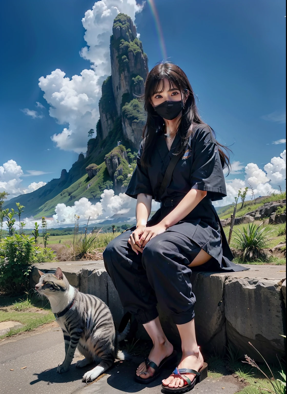 Monster Hunter、Guiana Highlands、rainbows、girl with、With a cat、knifes、voyage、Blue sky and clouds、Black Ninja Uniform、masks、sandal、red eyes、Luminous earrings
