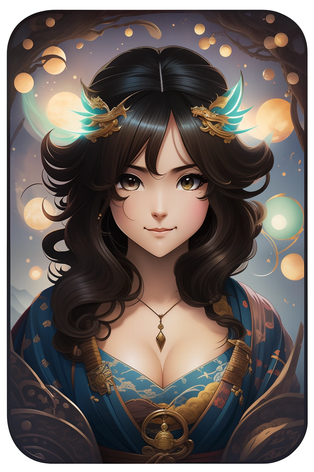 Ukiyo-e Ultra (Frank Frazetta) detailed really cute brunette sorceress flying over a village, young adult woman with short hair, with nice shiny eyes smiling surrounded by cute slimes, focus on face, sharp focus, magic, soft tetradic colors, cartoon vector, volumetric lights, very detailed dungeon scenery, visually rich, manga, dragon ball, 2D, best quality, by Mschiffer,